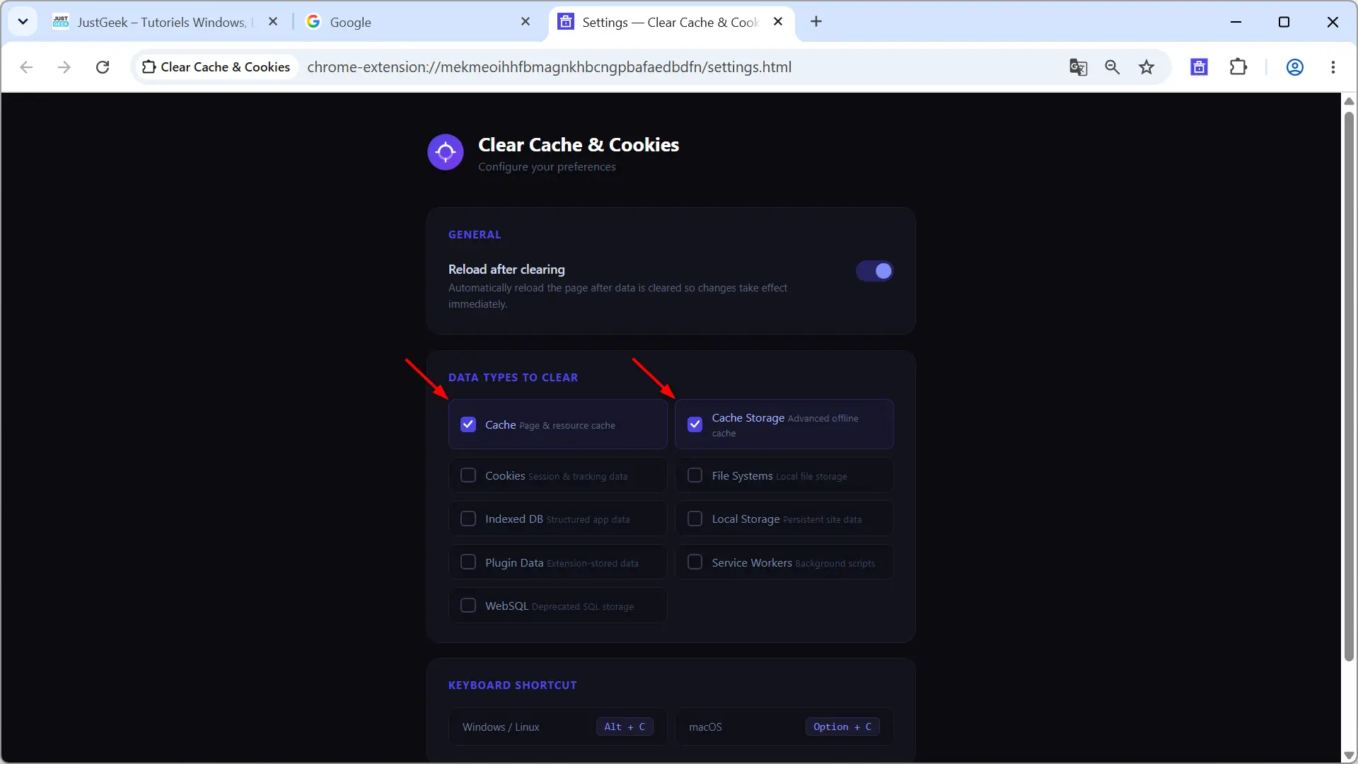 Effacer les paramètres de l'extension Cache et Cookies avec les options de cache et de stockage du cache sélectionnées dans Google Chrome