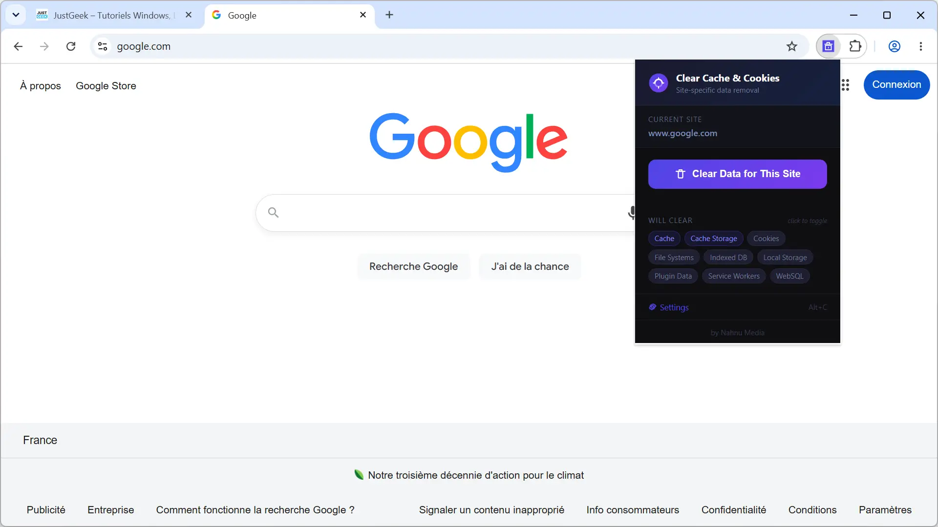 Extension Clear Cache & Cookies pour vider le cache du site Web actuellement ouvert dans Google Chrome