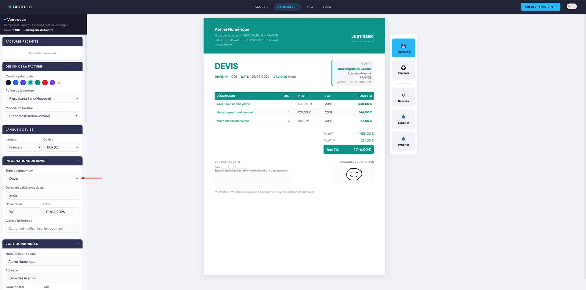 Création d'un devis dans Factolio avec options de prévisualisation en temps réel et de personnalisation du document