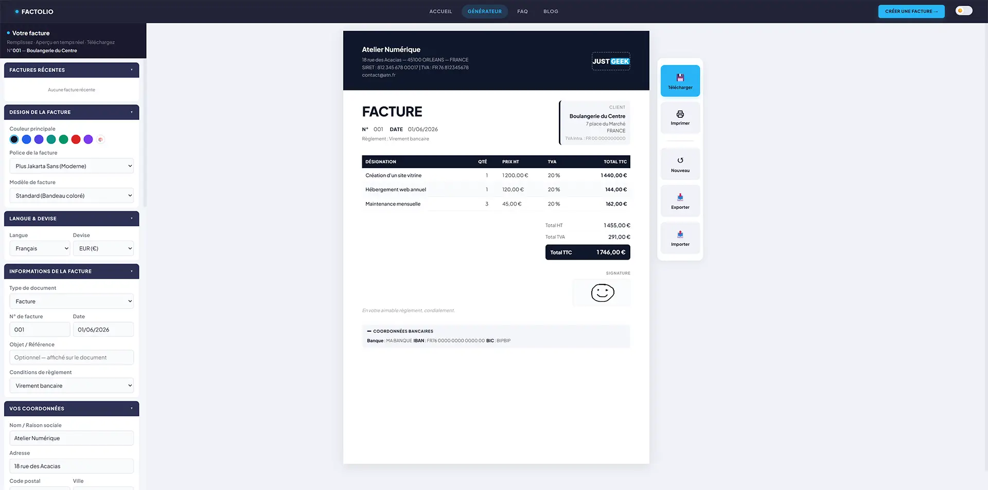 Interface Factolio avec aperçu en temps réel d'une facture personnalisée prête à télécharger ou à imprimer