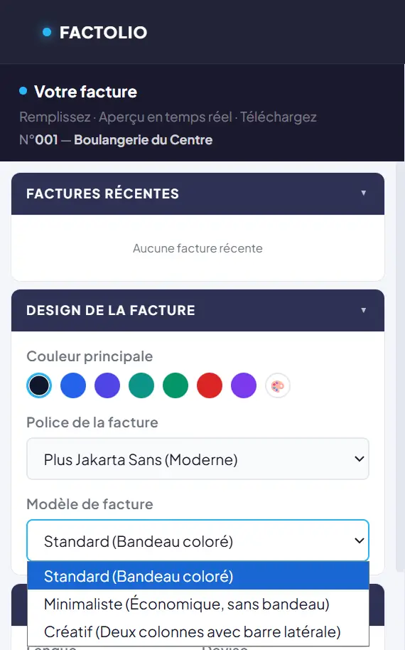 Options de personnalisation Factolio avec choix du modèle de facture, des couleurs et de la police