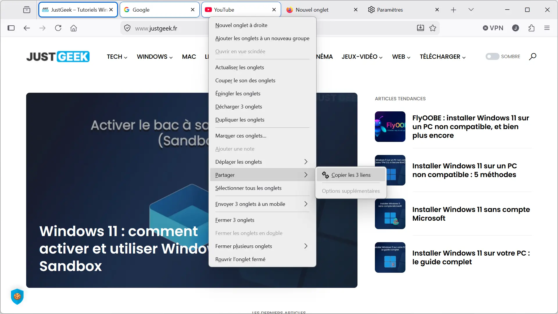 Menu contextuel de Firefox 152 avec plusieurs onglets sélectionnés et option Copier les 3 liens dans le sous-menu Partager