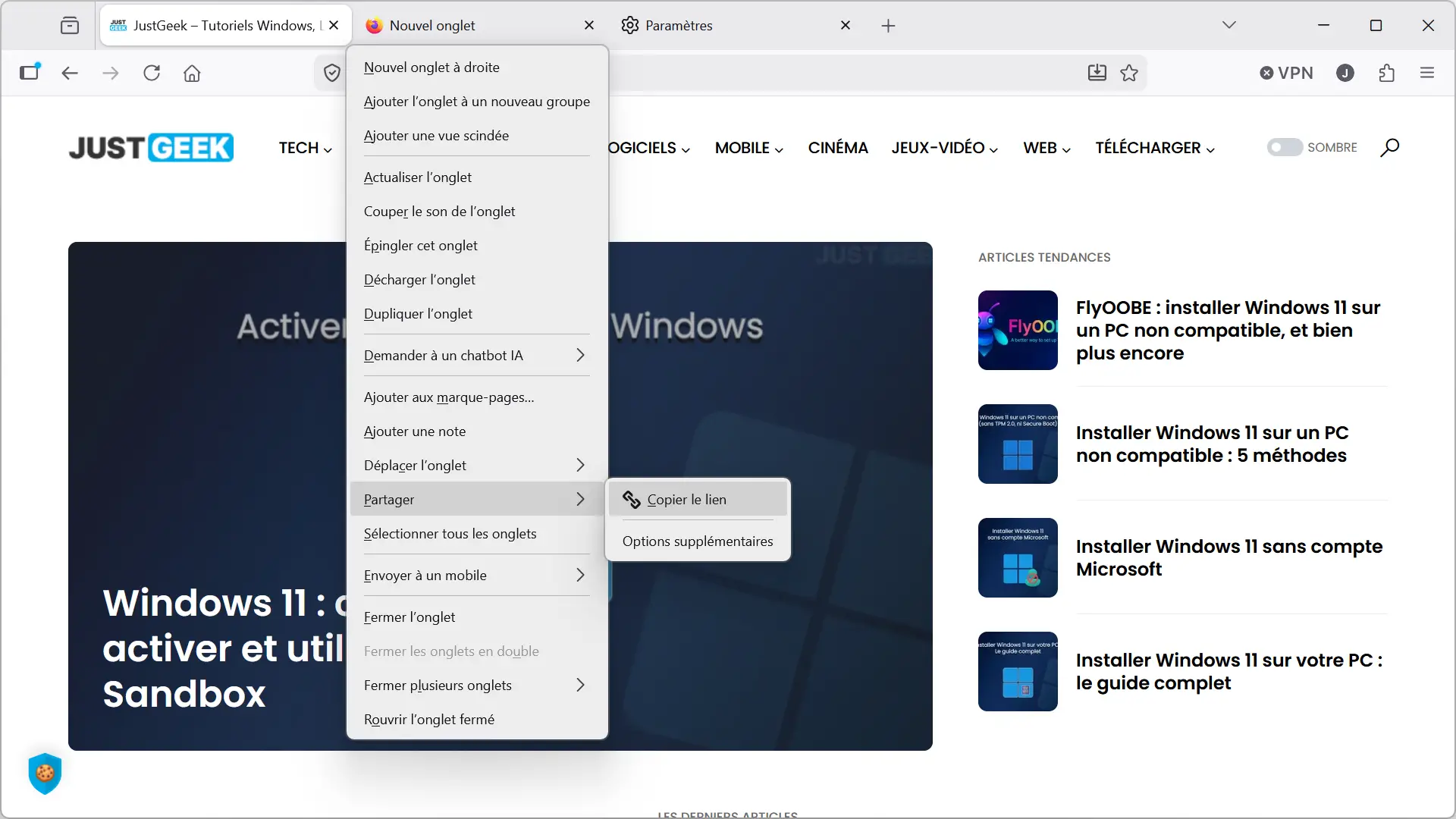 Menu contextuel d'un onglet dans Firefox 152 avec l'option Copier le lien dans le sous-menu Partager