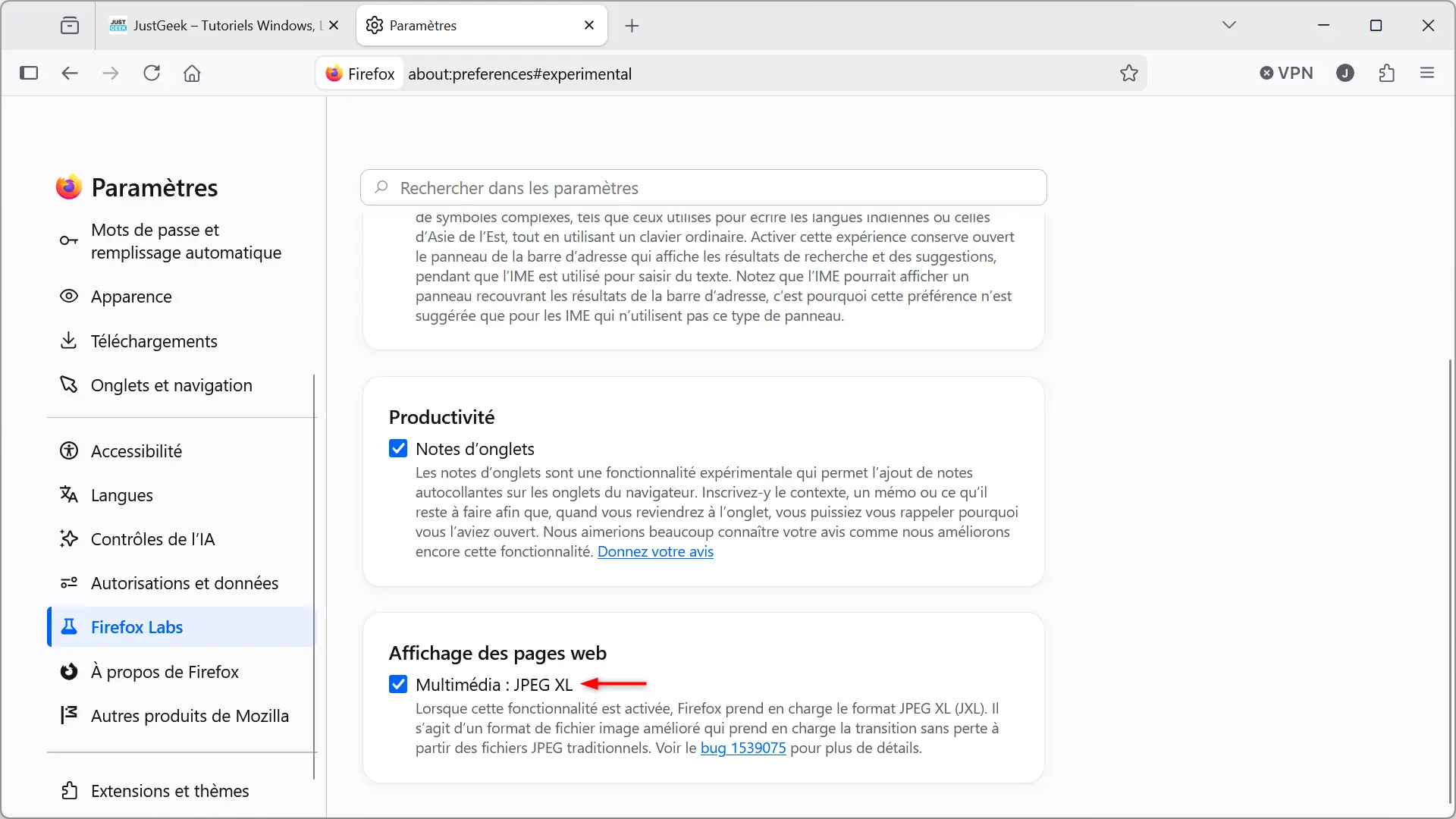 Section Firefox Labs dans Paramètres de Firefox 152 avec l'option Multimédia : JPEG XL activée