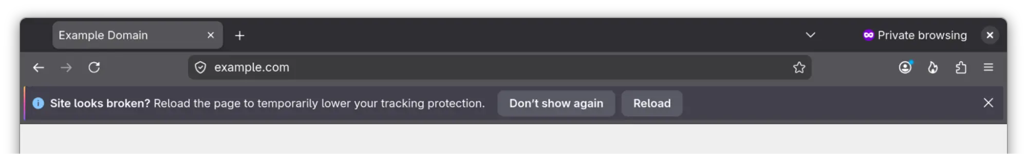 Barre d'information dans Firefox 152 en navigation privée proposant de recharger la page en désactivant temporairement la protection contre les trackers