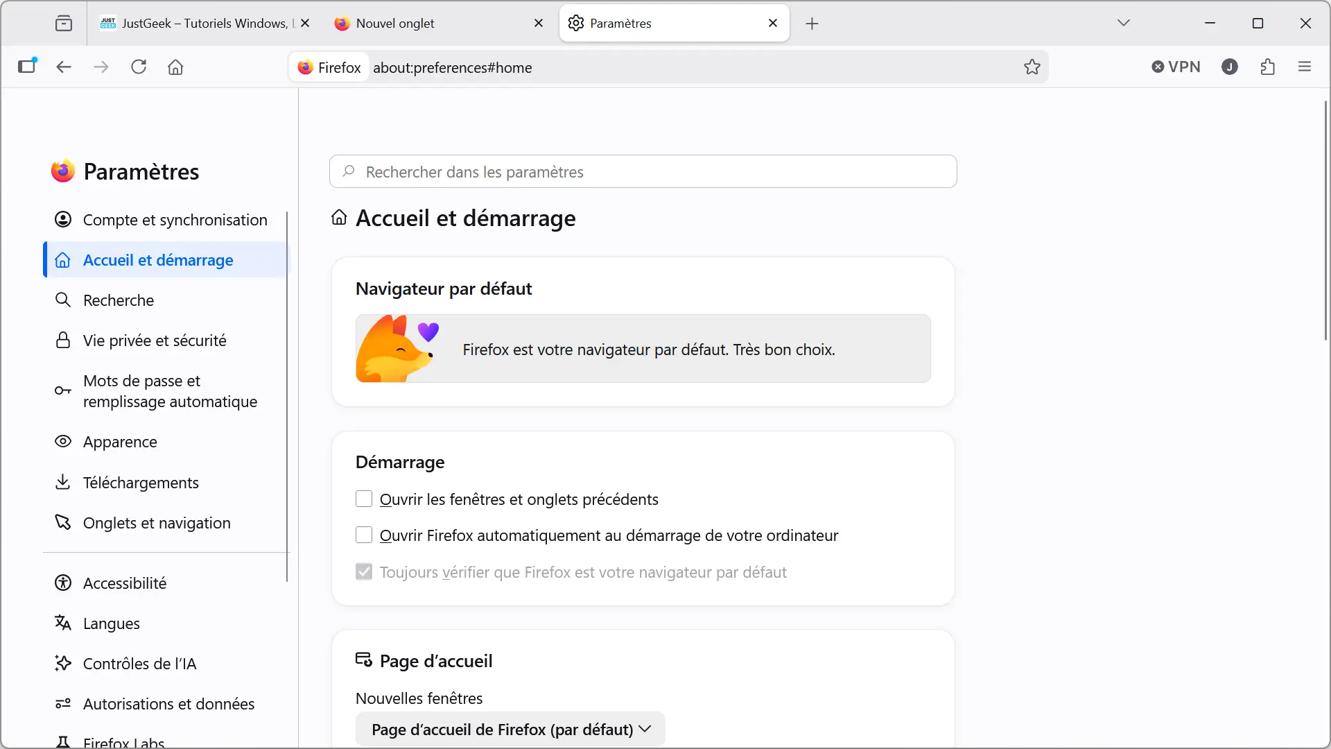 Nouveau design de la page Paramètres de Firefox 152 avec la section Accueil et démarrage affichant les options regroupées en cartes