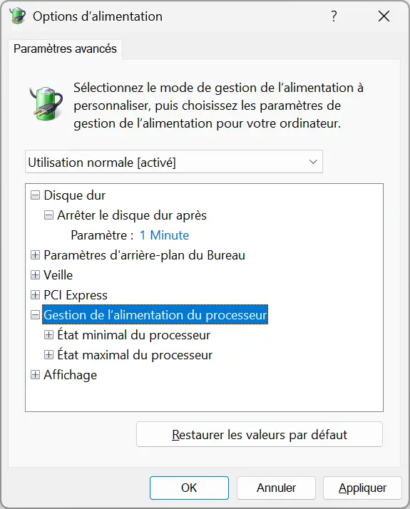 Section Gestion de l'alimentation du processeur dans les options d'alimentation avancées de Windows 11