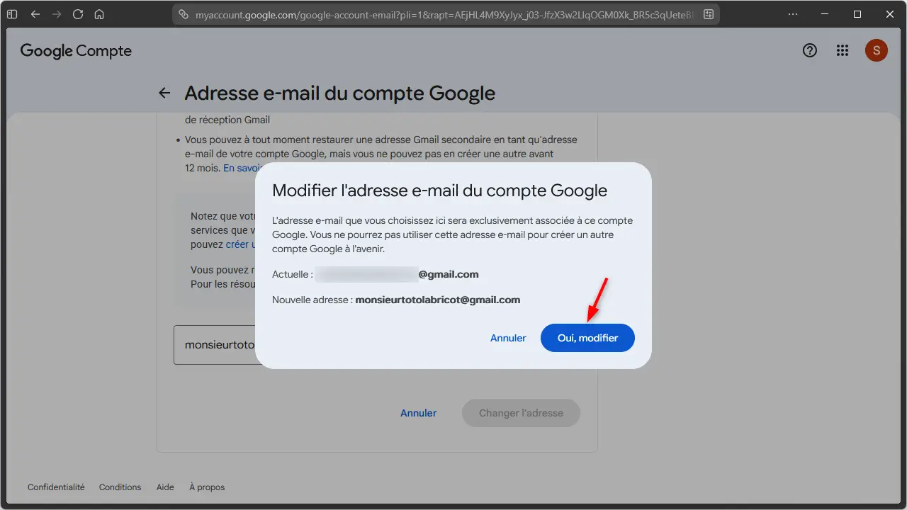 Fenêtre de confirmation pour modifier l'adresse e-mail principale d'un compte Google