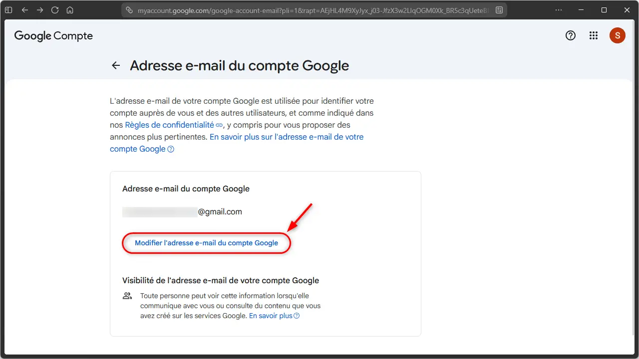 Bouton pour modifier l'adresse email d'un compte Google depuis les paramètres Gmail
