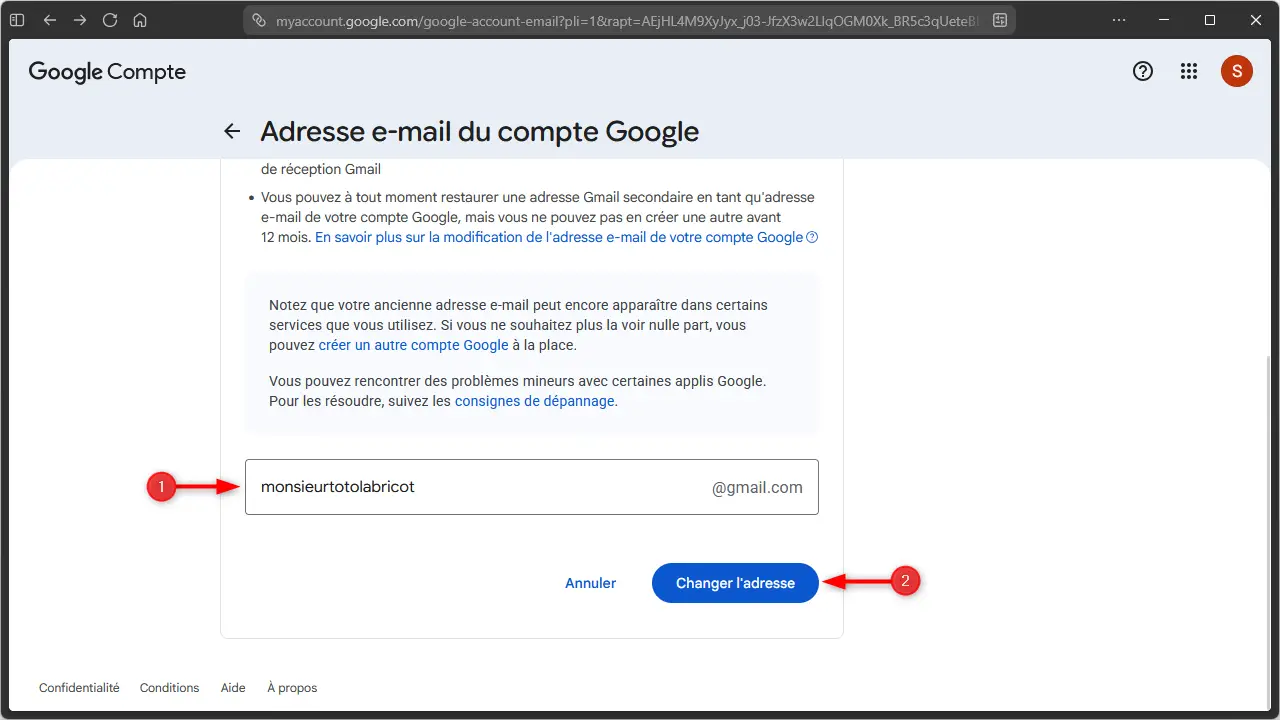 Saisir une nouvelle adresse Gmail avant de valider le changement d'adresse email