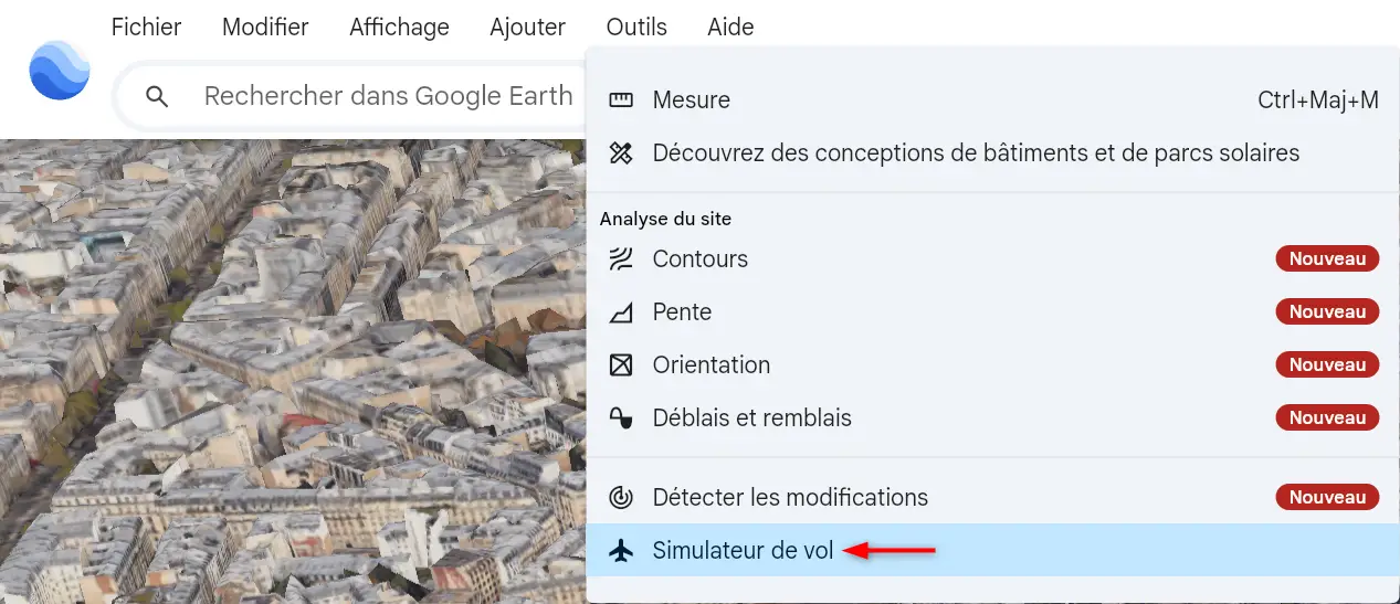 Accéder au simulateur de vol dans le menu Outils de Google Earth sur le web