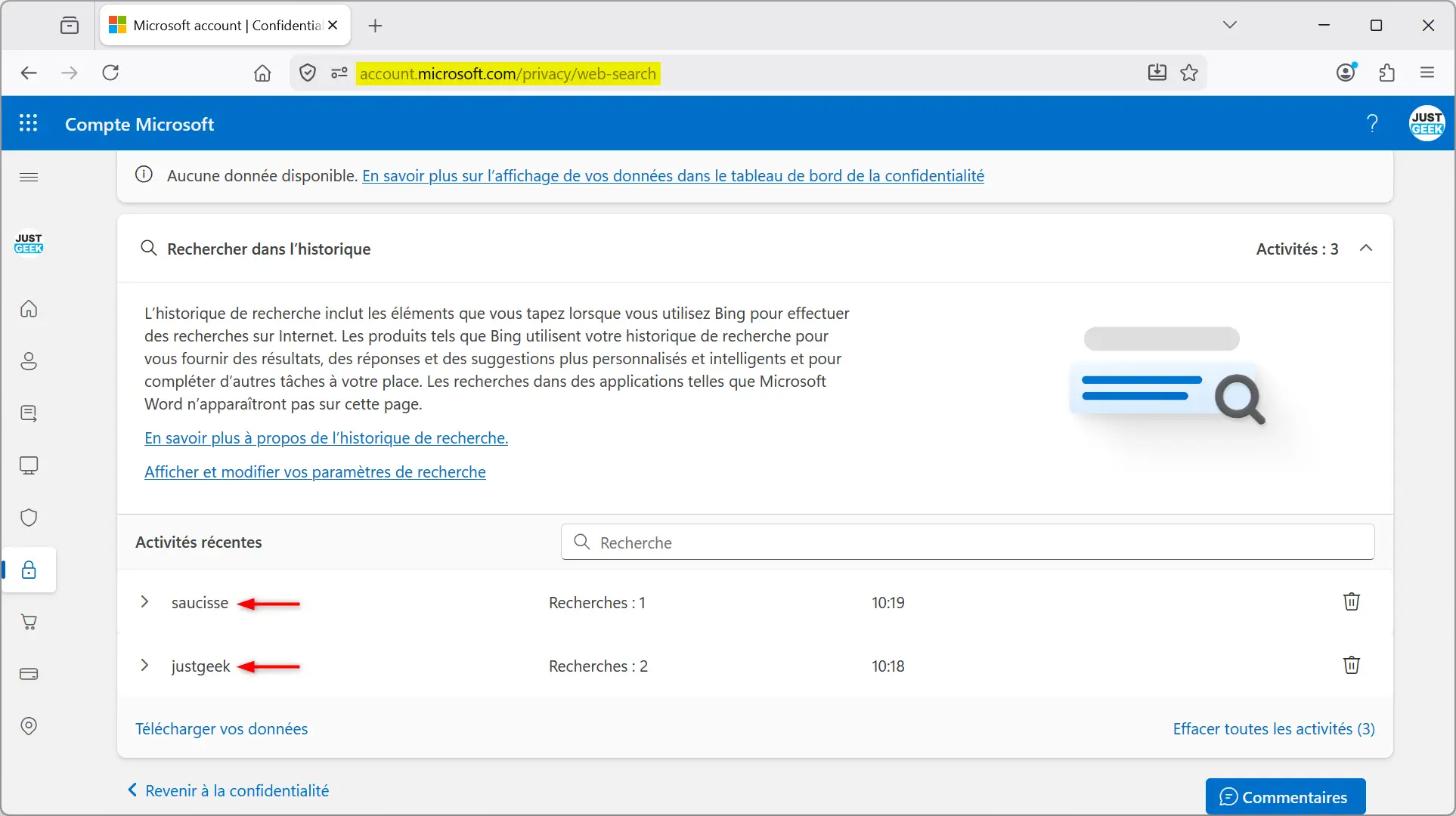 Historique de recherche Bing enregistré dans le tableau de bord de confidentialité du compte Microsoft