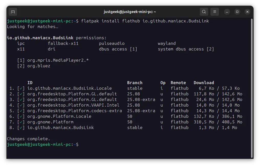 Installer BudsLink sur Linux avec la commande Flatpak depuis un terminal Ubuntu