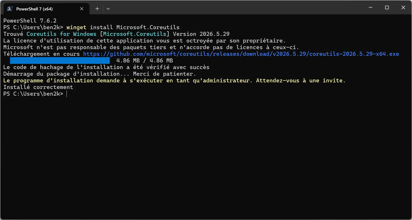 Installation de Coreutils pour Windows avec la commande winget install Microsoft.Coreutils dans PowerShell sur Windows 11