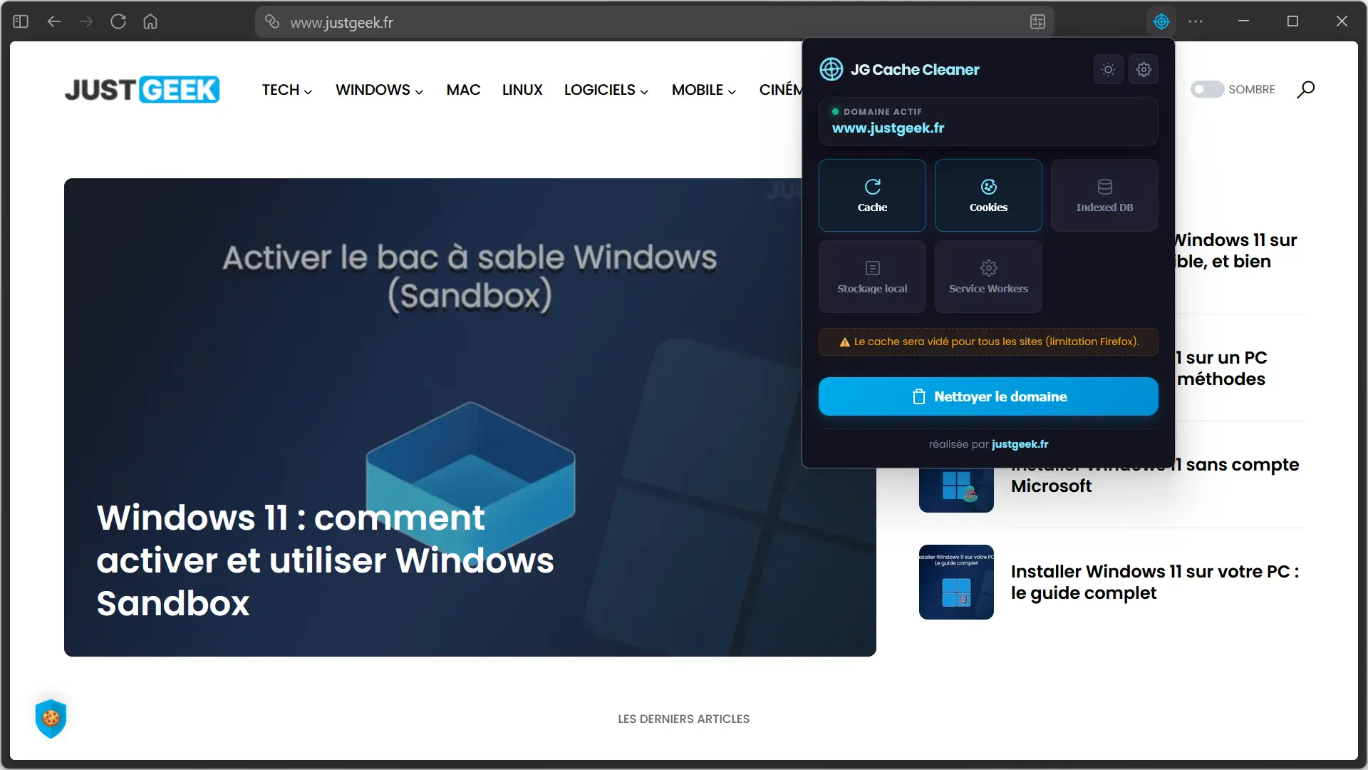 JG Cache Cleaner sur Firefox affichant un avertissement indiquant que le cache sera vidé pour tous les sites en raison des limitations du navigateur