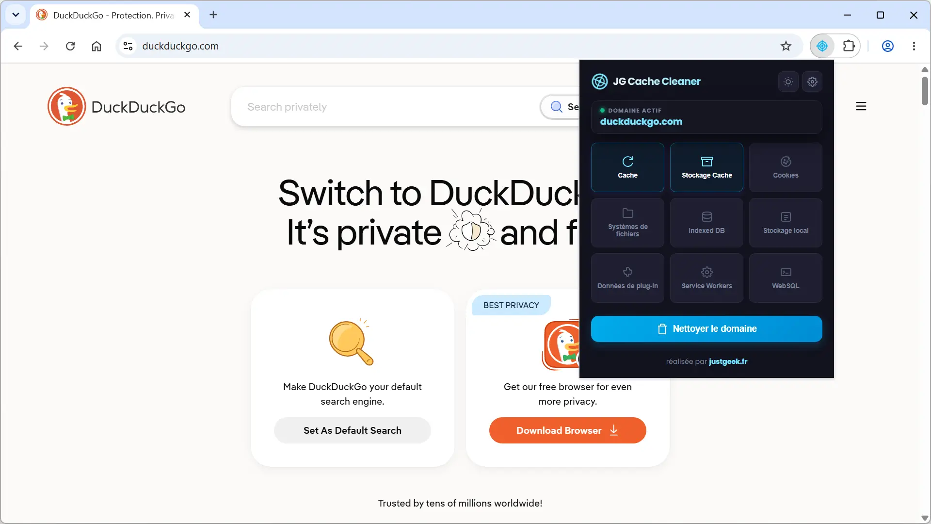 Interface principale de JG Cache Cleaner affichant le domaine actif et les différents types de données pouvant être supprimés