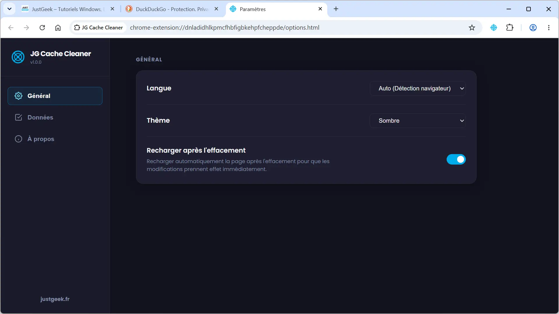 Paramètres JG Cache Cleaner avec options de langue, de thème et de rechargement automatique après le nettoyage