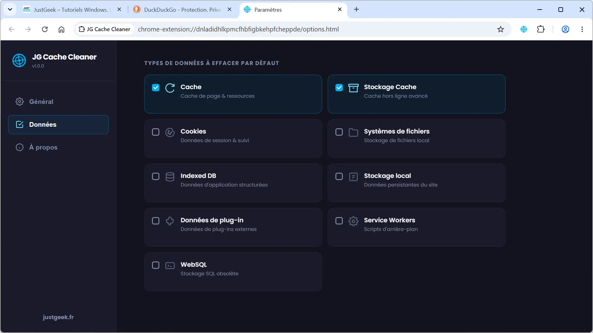 Configuration des types de données sélectionnés par défaut dans JG Cache Cleaner