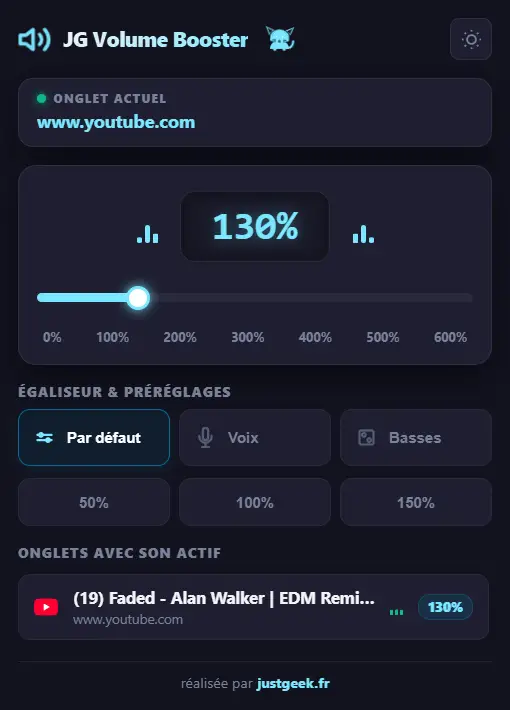 Interface JG Volume Booster avec réglage du volume jusqu'à 600 %, préréglages audio et liste des onglets de lecture audio