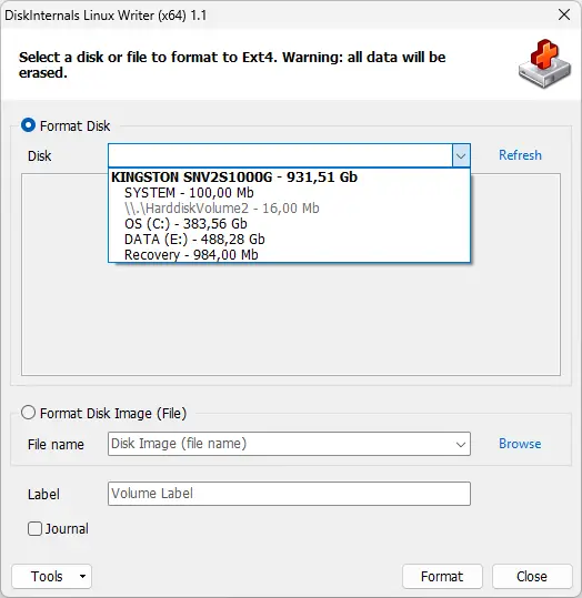 Fenêtre de formatage d'un disque ou d'une partition au format Ext4 avec Linux Writer