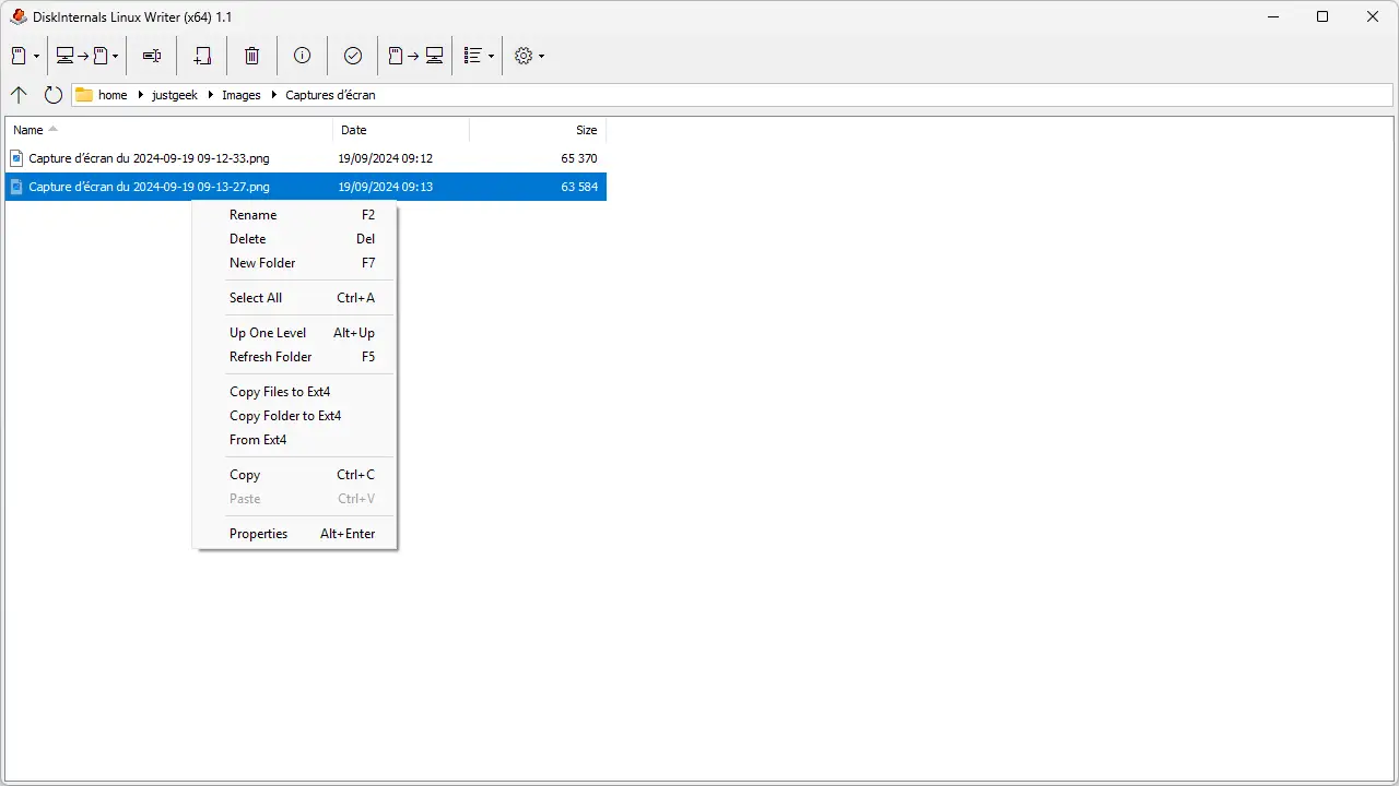 Menu contextuel Linux Writer pour copier, renommer ou supprimer des fichiers sur la partition Ext4