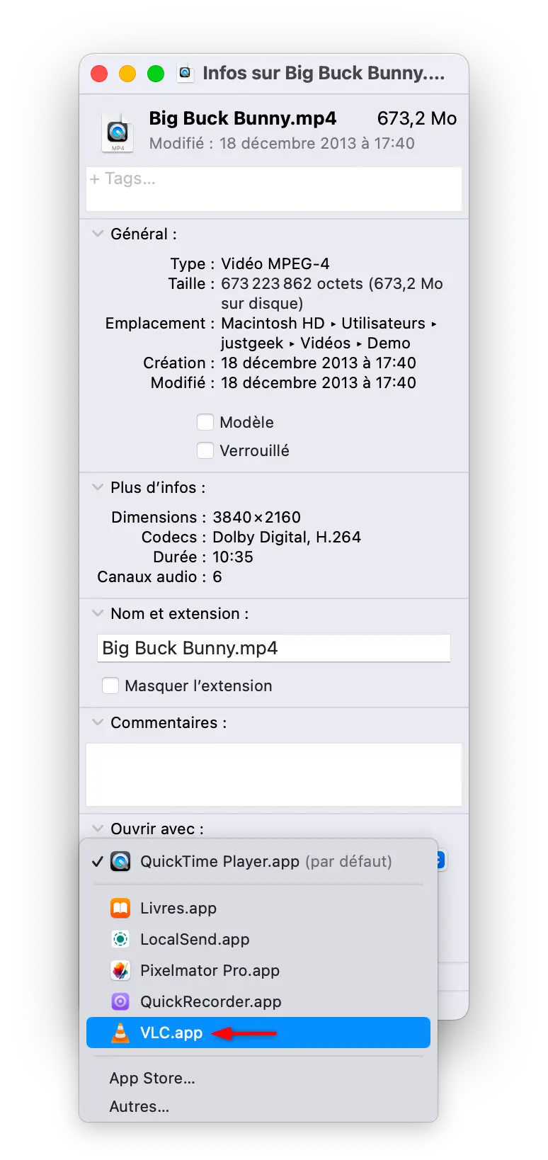 Sélection de VLC comme application par défaut pour ouvrir un fichier vidéo sur macOS