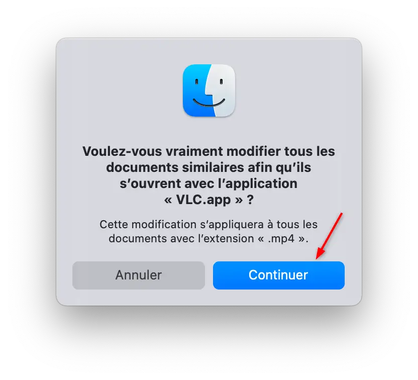 Fenêtre de confirmation pour définir VLC comme application par défaut pour tous les fichiers MP4 sur macOS