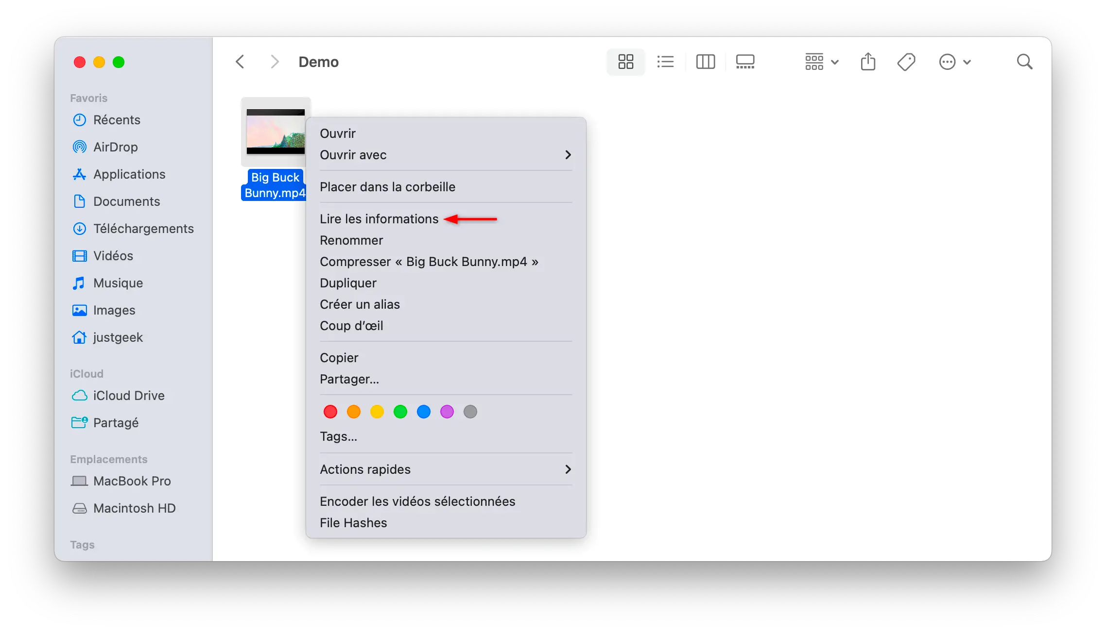 Faites un clic droit sur un fichier dans le Finder macOS et sélectionnez l'option « Obtenir des informations »