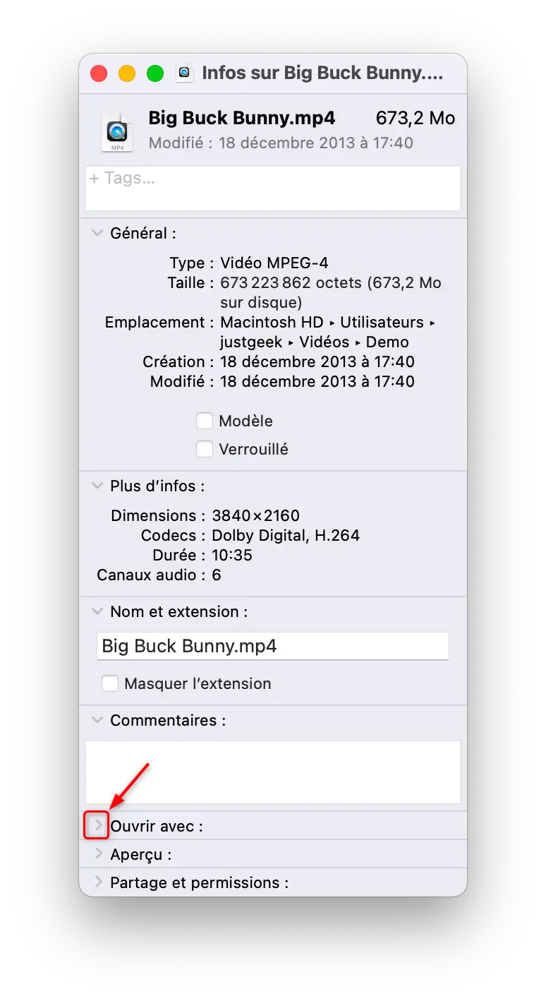 Section « Ouvrir avec » dans la fenêtre d'informations d'un fichier sur macOS