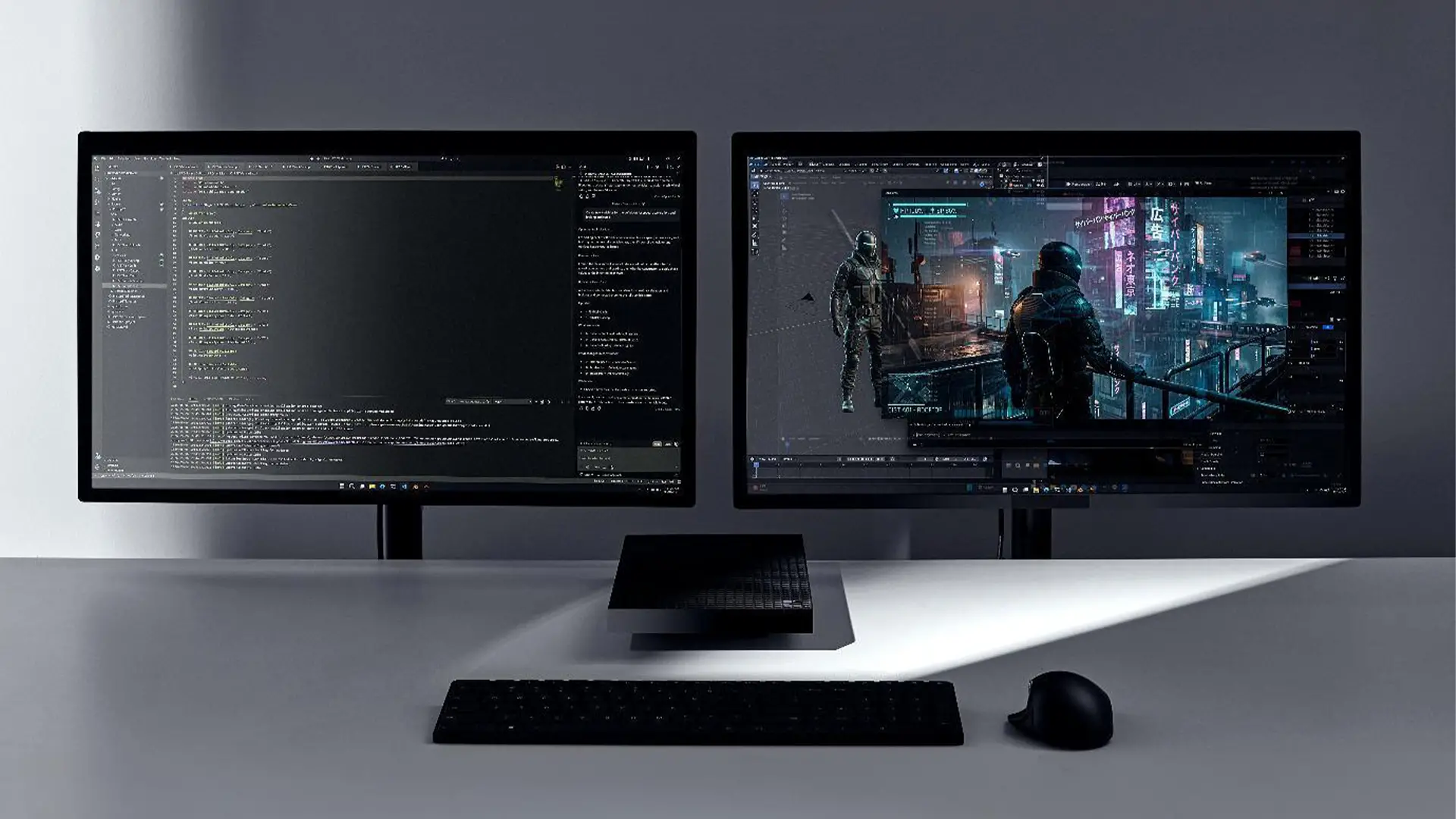 Surface RTX Spark Dev Box placée entre deux moniteurs sur un bureau de développeur