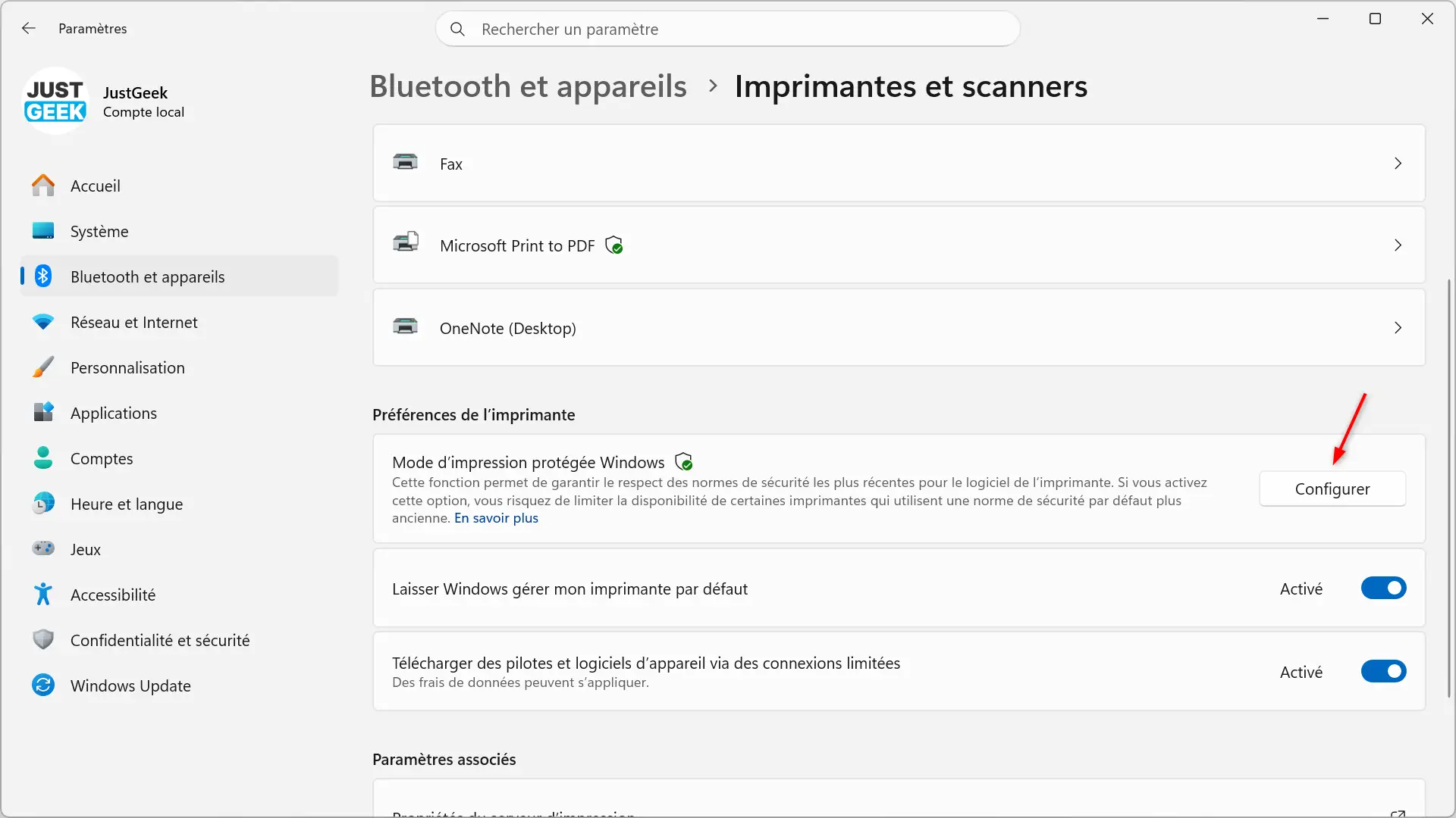 Option Mode d’impression protégé Windows dans les paramètres des imprimantes et scanners Windows 11