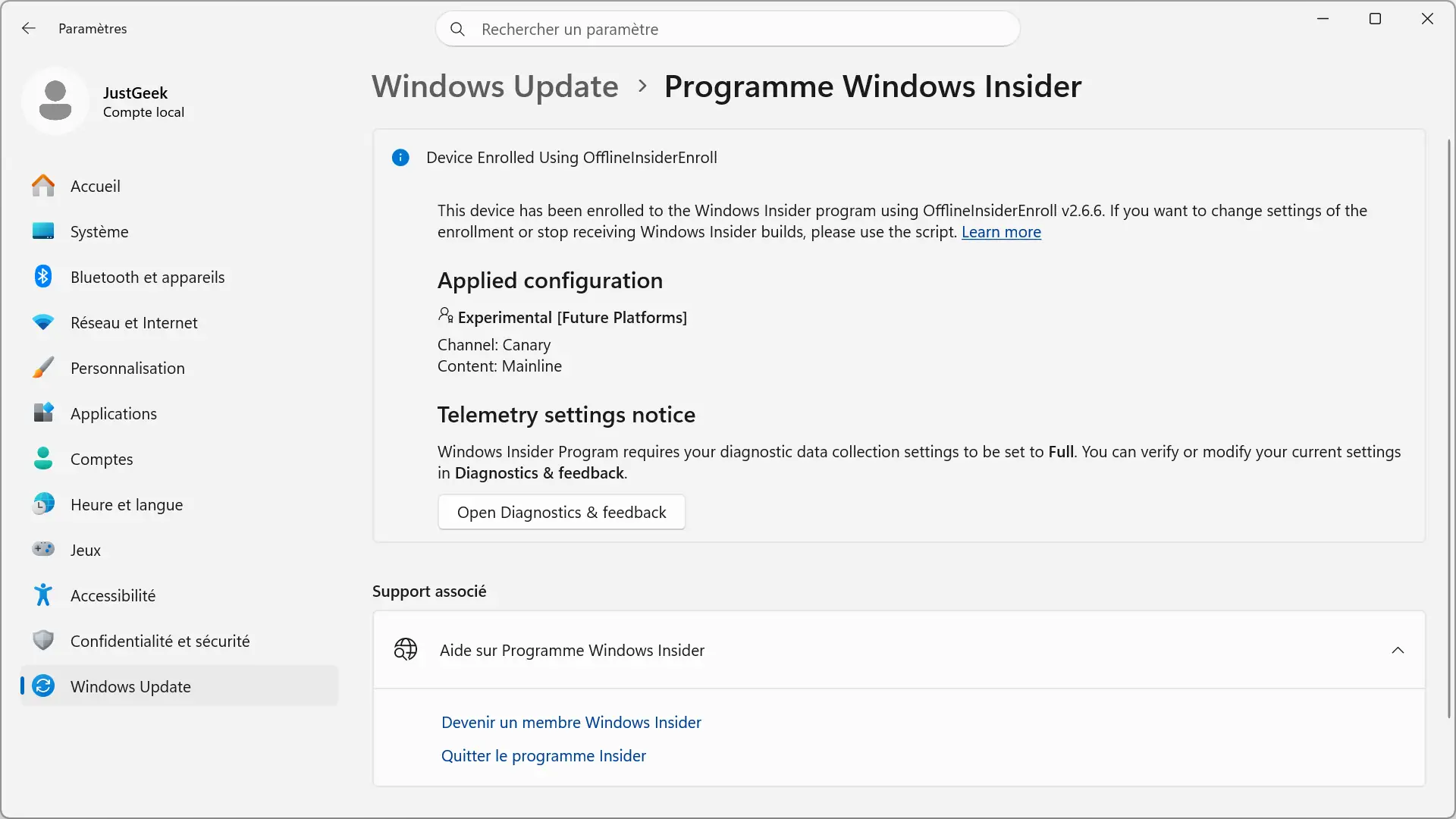Inscription au programme Windows Insider avec OfflineInsiderEnroll sur un compte local Windows 11