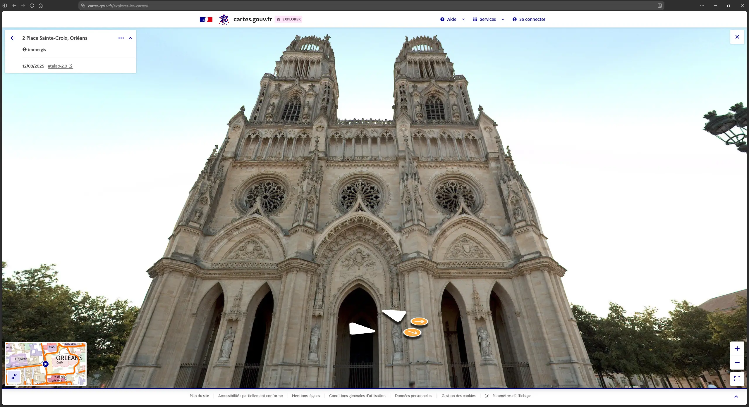 Vue immersive de la Cathédrale Sainte-Croix d'Orléans dans Panoramax, intégré à carte.gouv.fr.