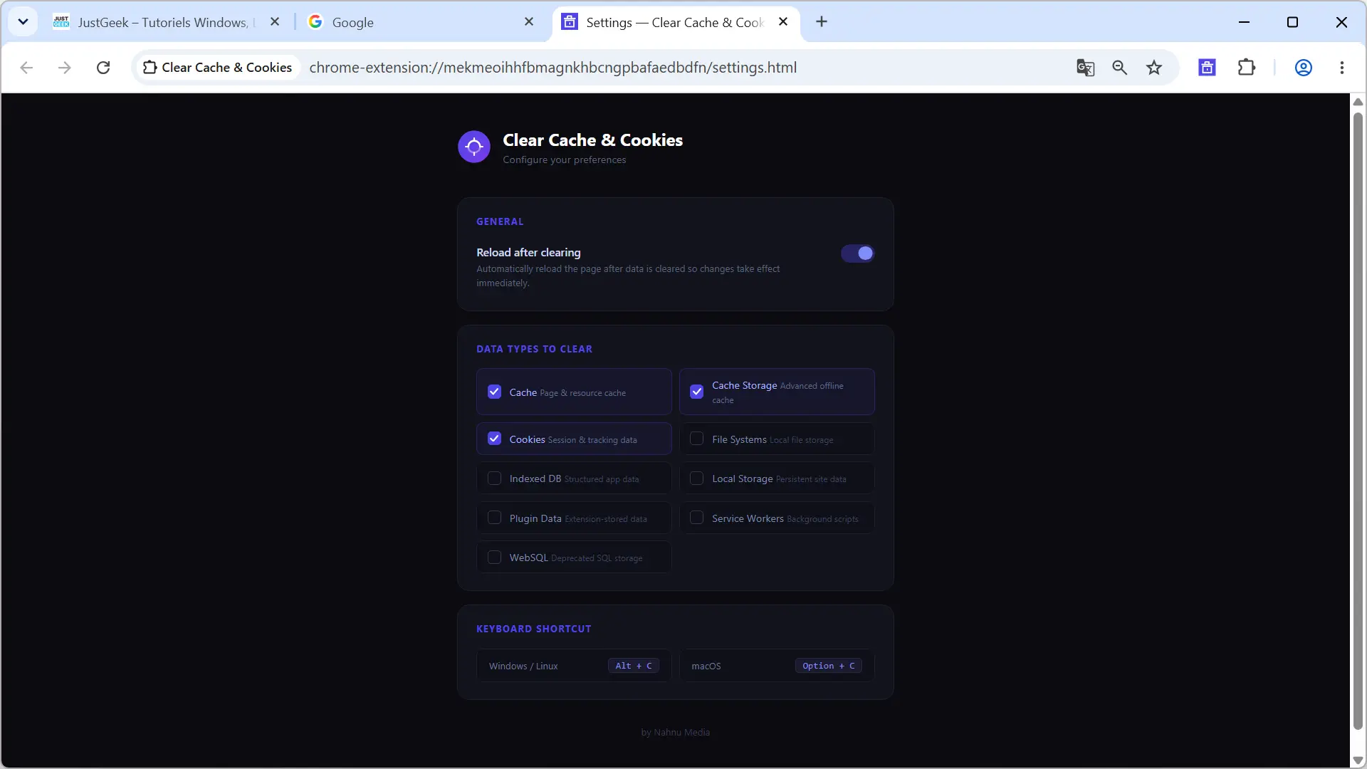 Effacer les paramètres de l'extension Cache et Cookies avec sélection des données à supprimer dans Google Chrome