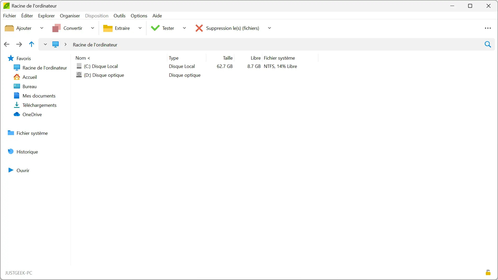 Interface principale de PeaZip sur Windows 11 pour compresser, extraire, convertir et gérer les archives
