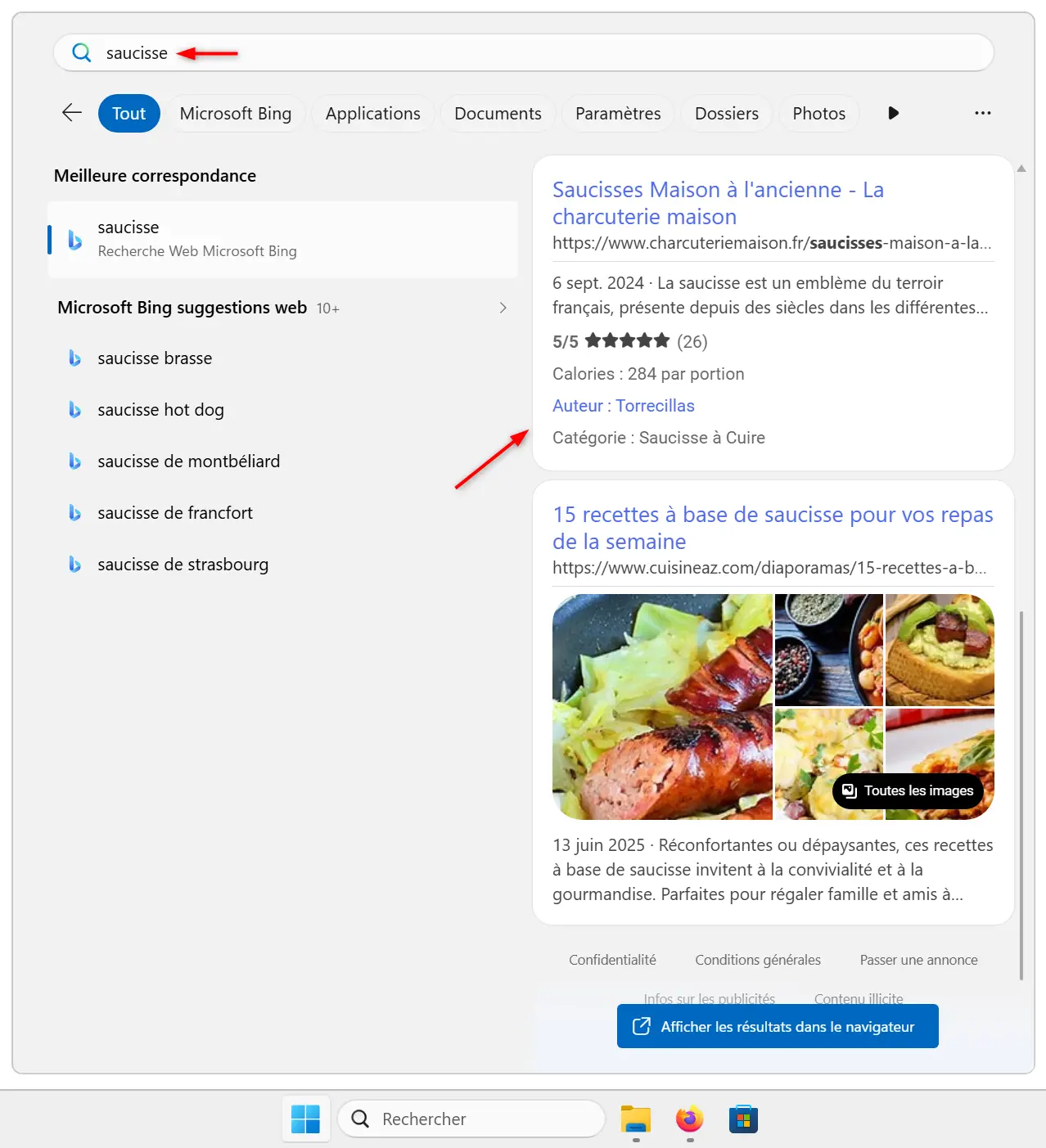 Résultats de recherche Bing affichés dans le menu Démarrer de Windows 11 après avoir saisi un terme