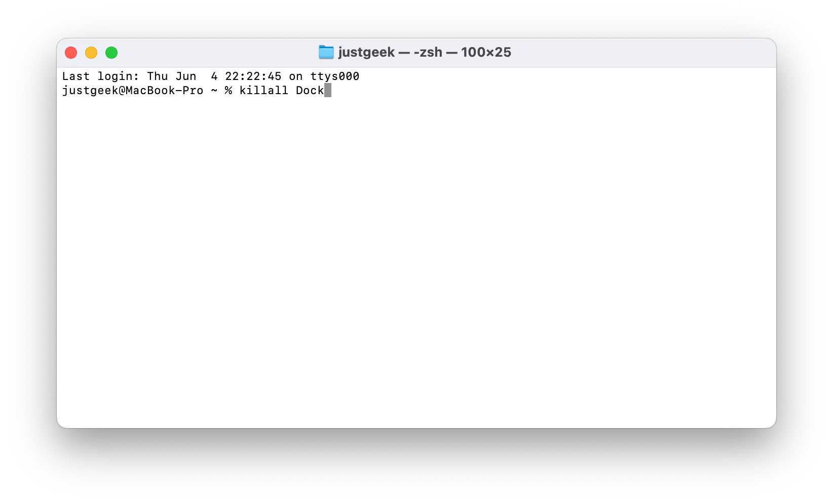 Commande Killall Dock entrée dans Terminal pour redémarrer le Dock macOS
