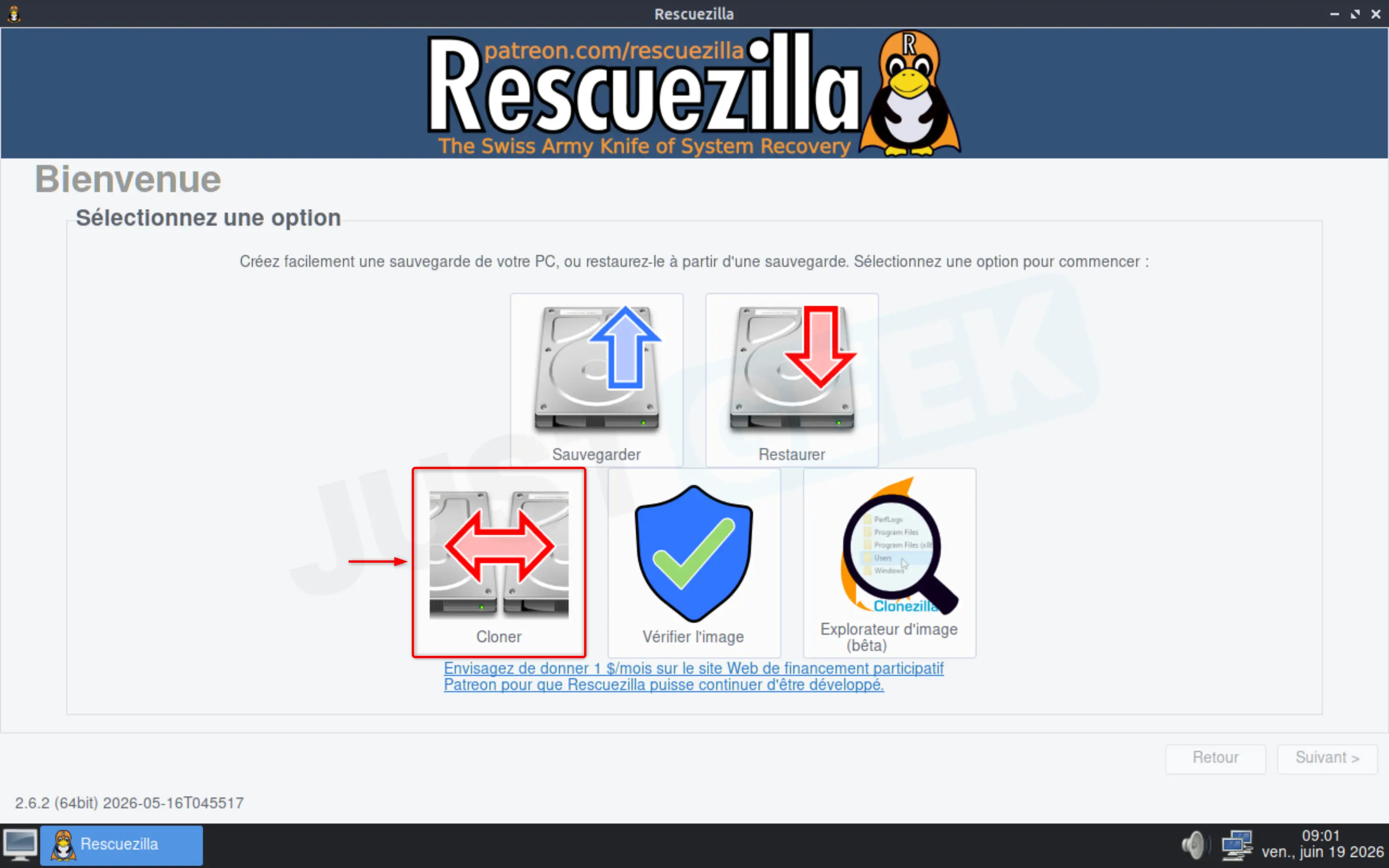 Option de clonage dans l'écran d'accueil de Rescuezilla