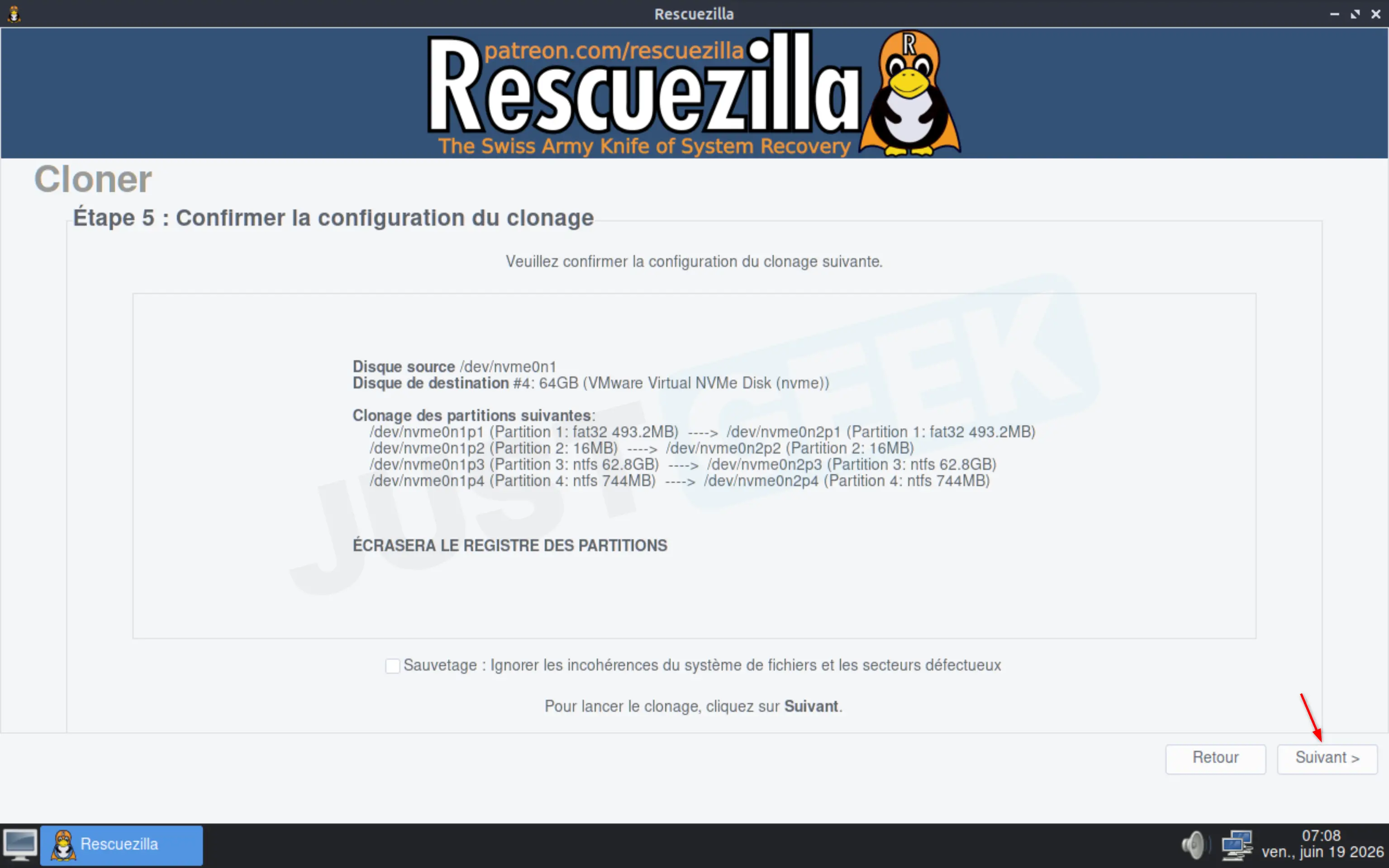 Résumé des paramètres avant le clonage de disque avec Rescuezilla