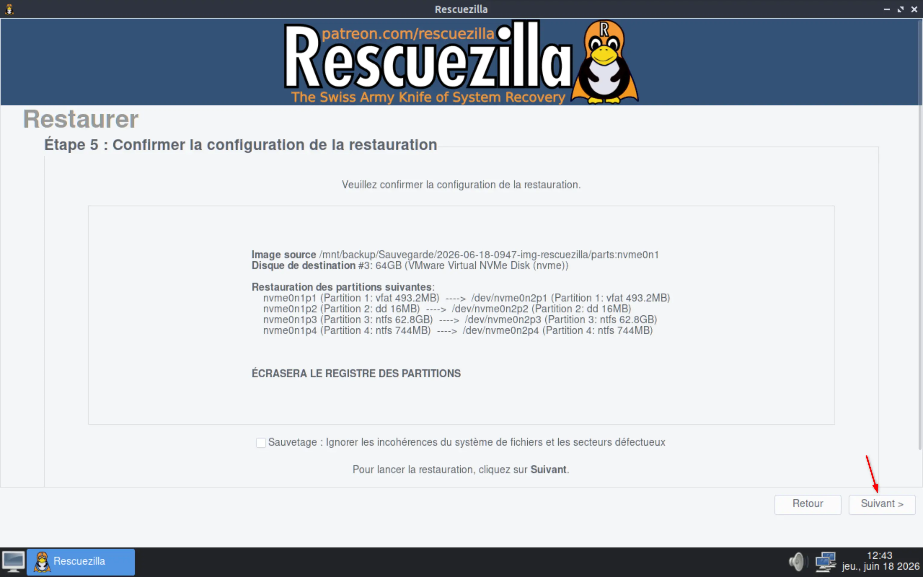 Résumé de la récupération avant le lancement dans Rescuezilla
