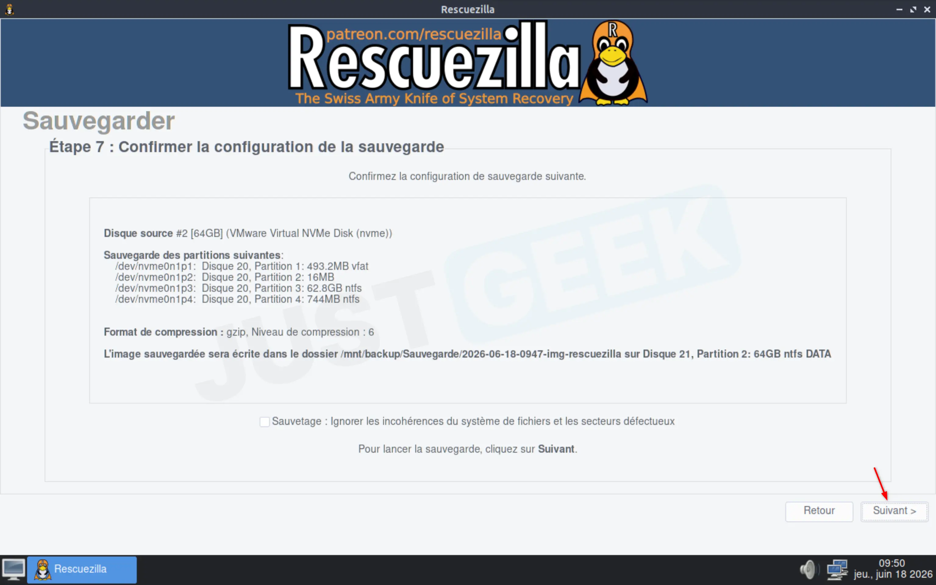 Récapitulatif des paramètres avant de démarrer la sauvegarde avec Rescuezilla