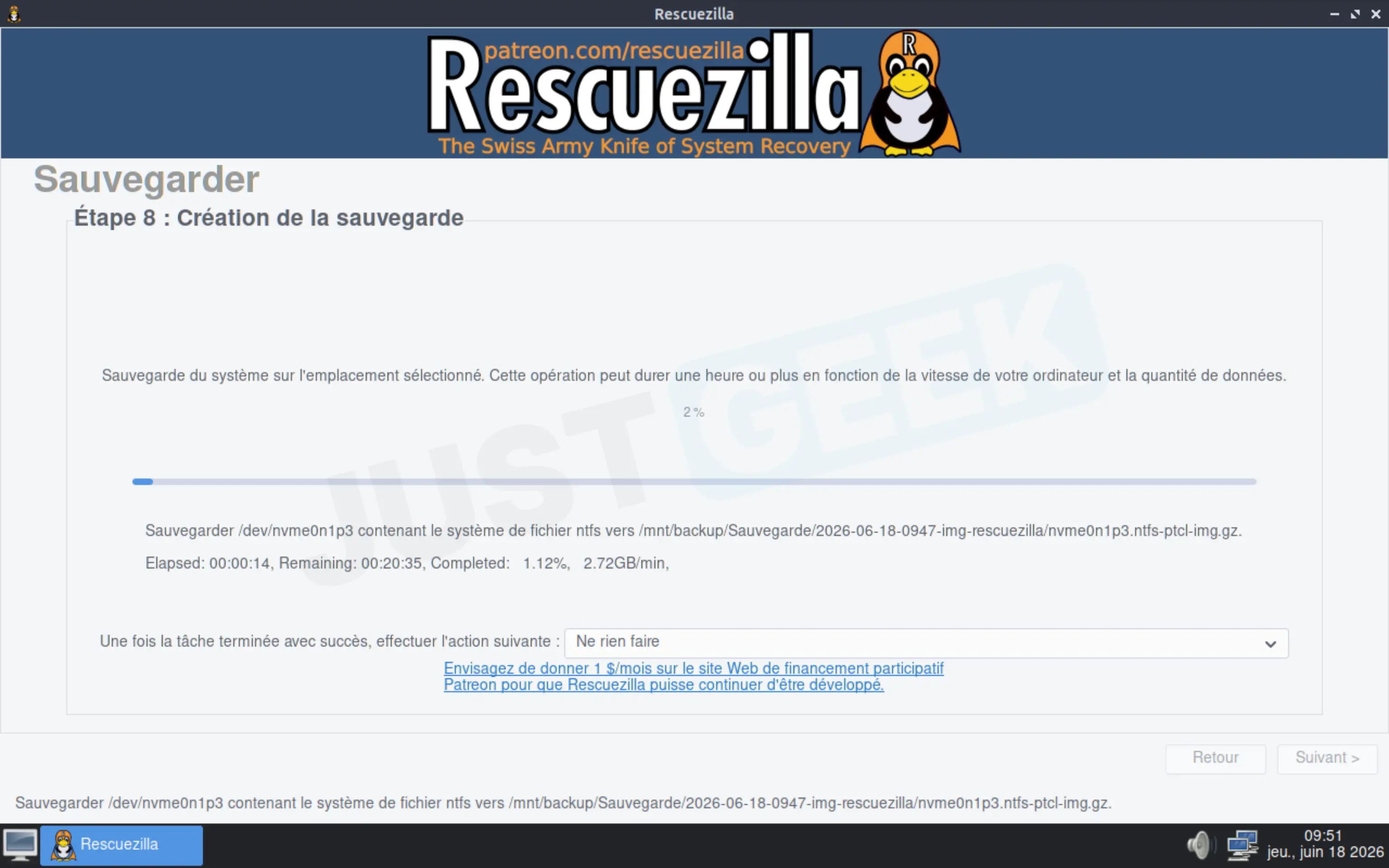 Progrès dans la création d'une image système Windows avec Rescuezilla