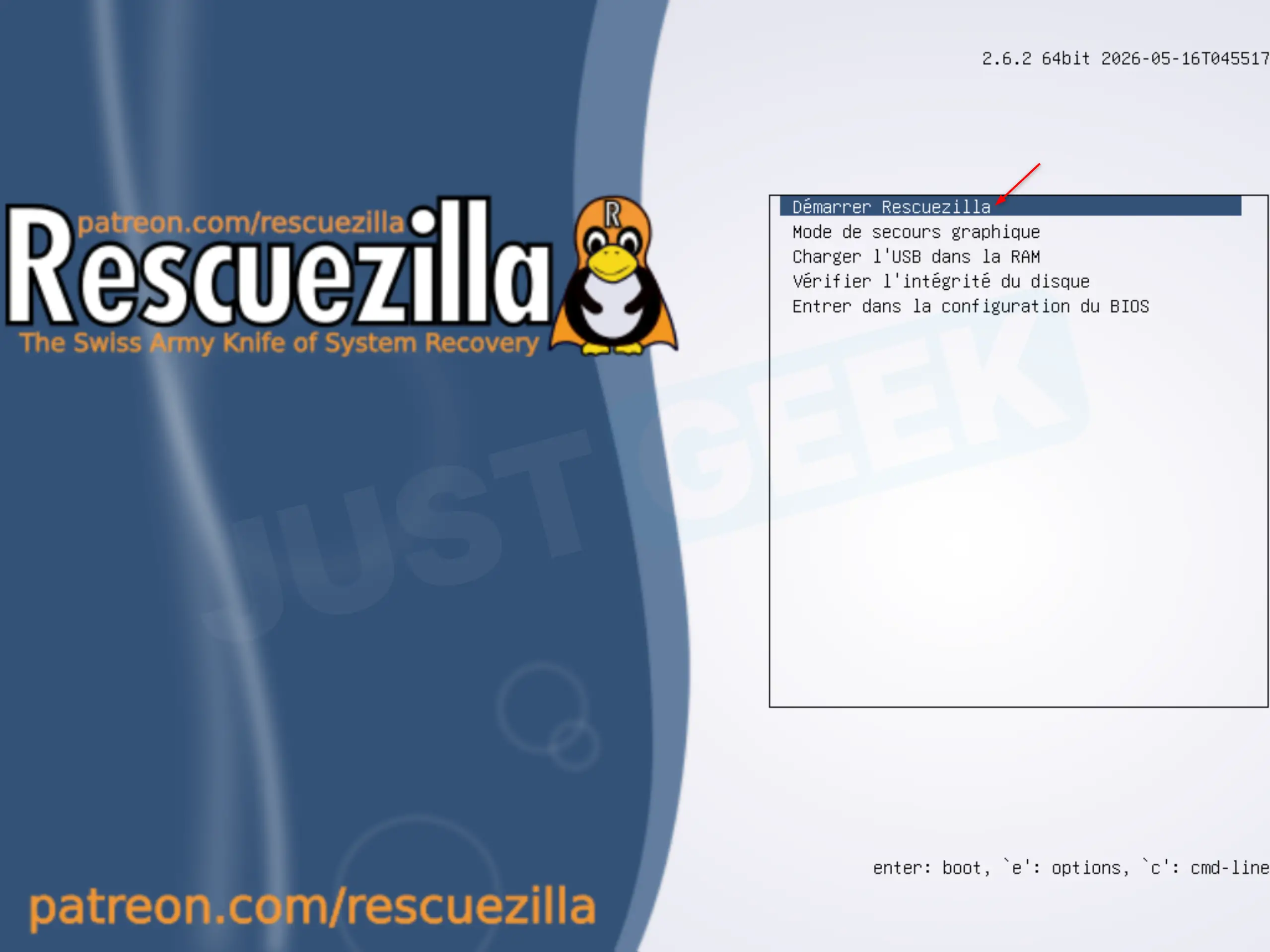 Écran de démarrage de Rescuezilla avec Démarrer Rescuezilla sélectionné