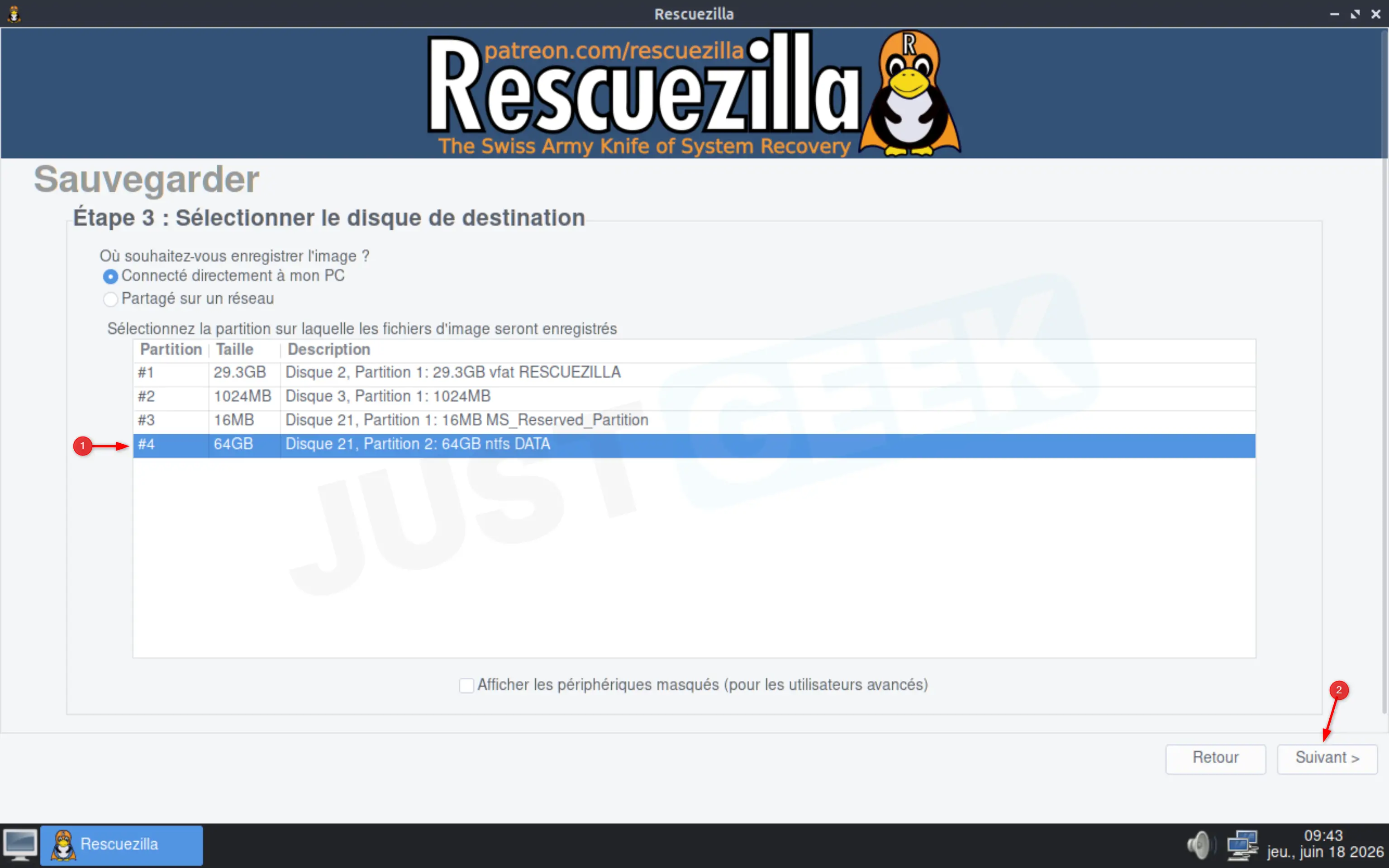 Choisir le disque de destination pour enregistrer l'image système avec Rescuezilla