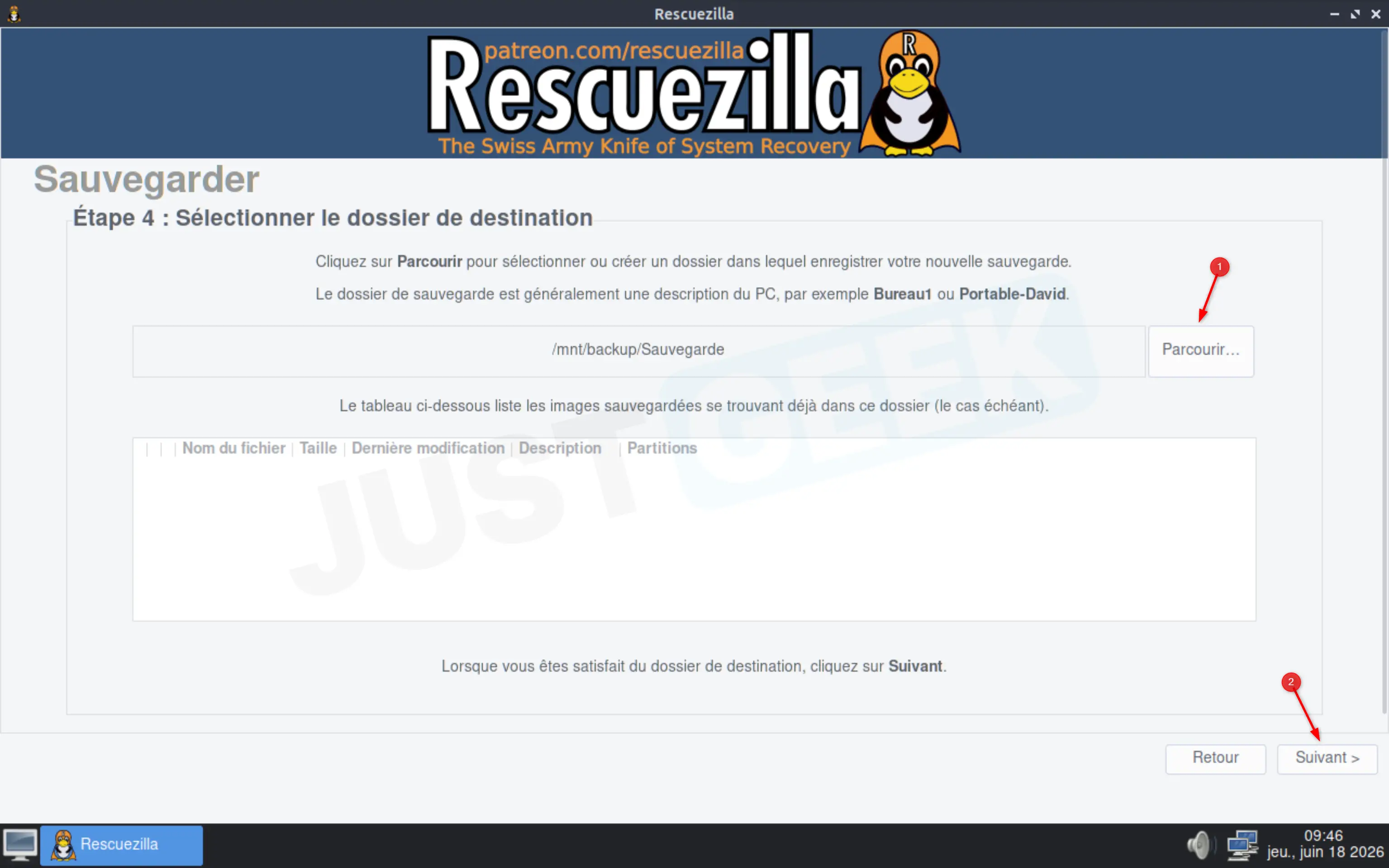 Sélection du dossier de destination de sauvegarde dans Rescuezilla