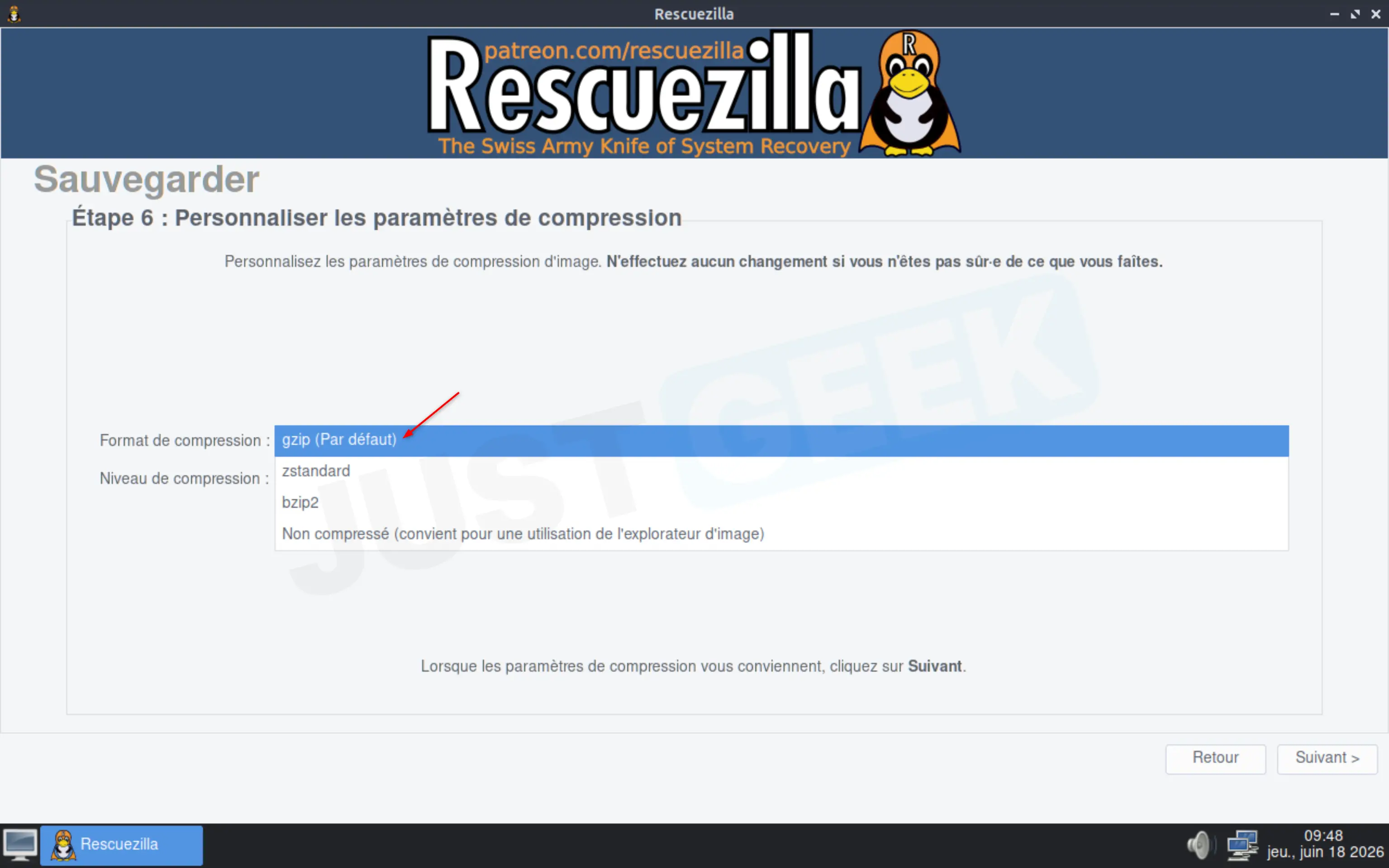Choisir le format de compression de l'image système dans Rescuezilla