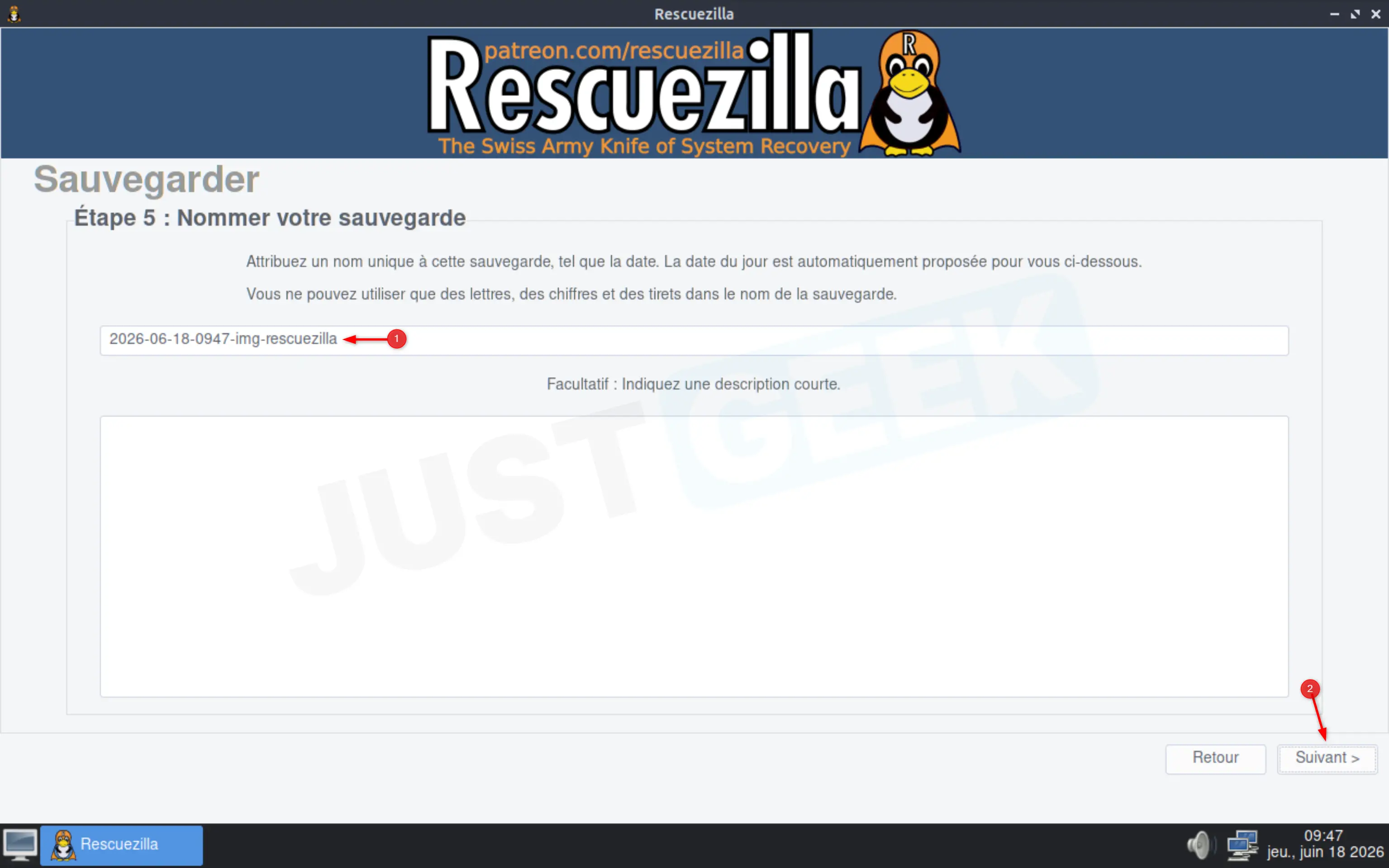 Définition du nom de l'image système avant de sauvegarder avec Rescuezilla