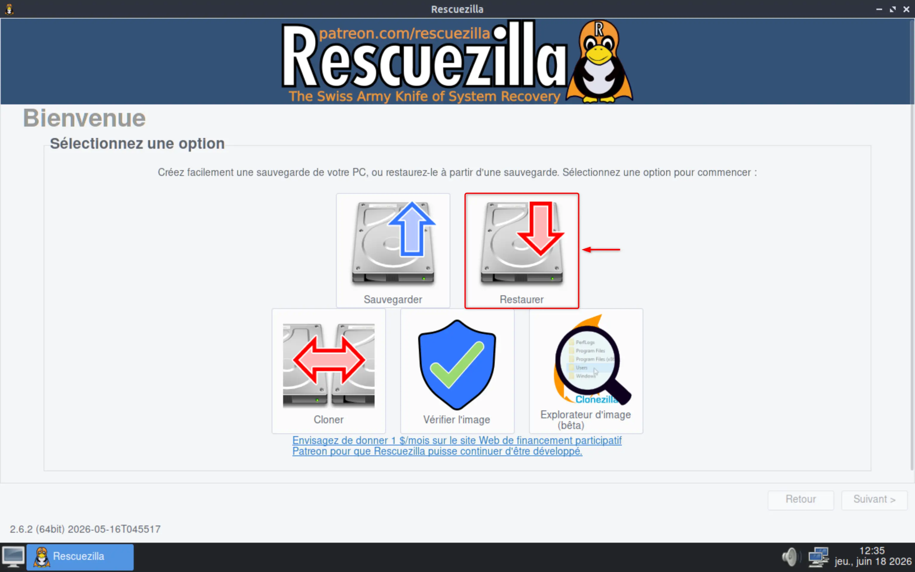 Sélection de l'option Restaurer dans Rescuezilla