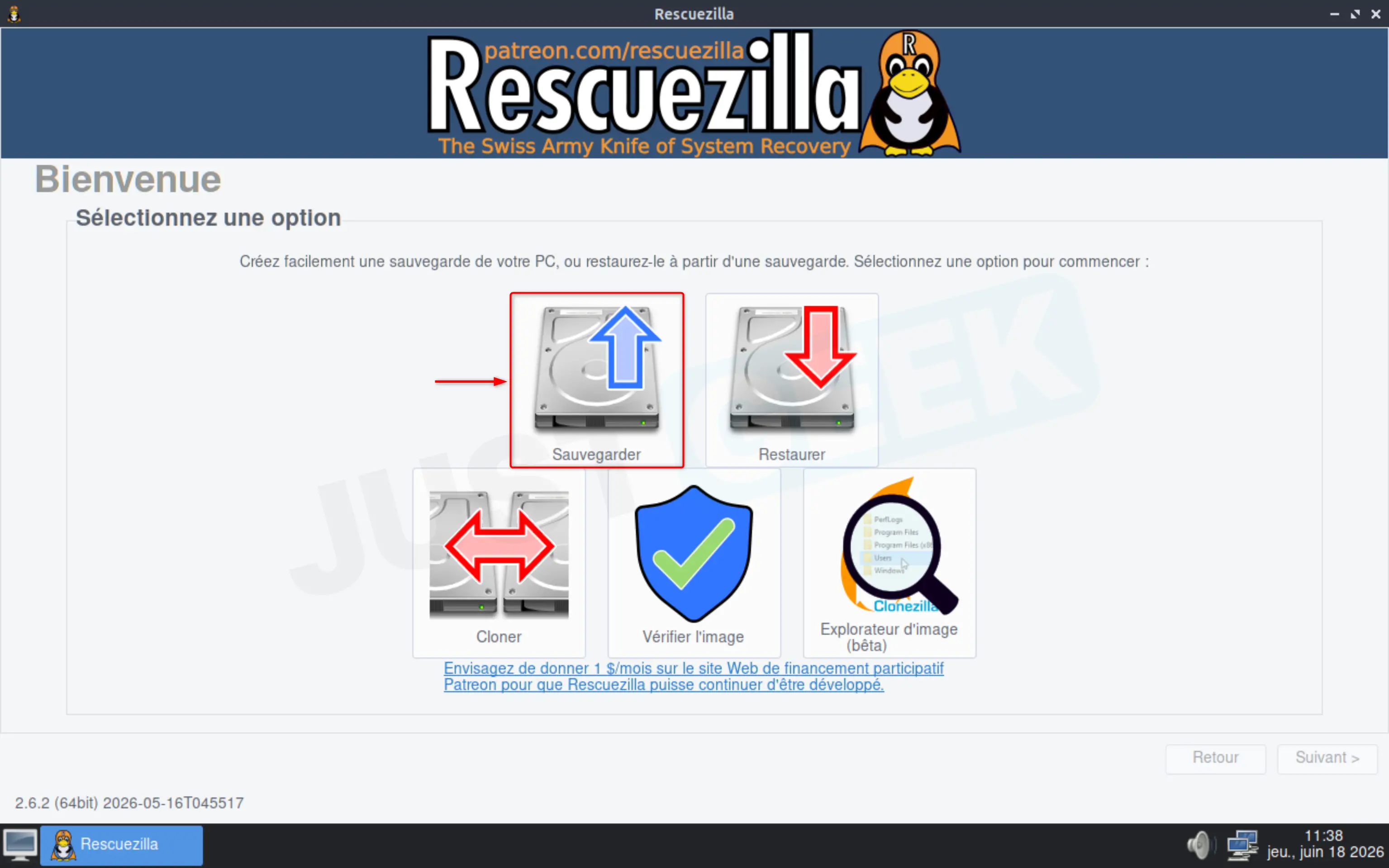 Sélection de l'option Sauvegarde dans l'interface principale de Rescuezilla