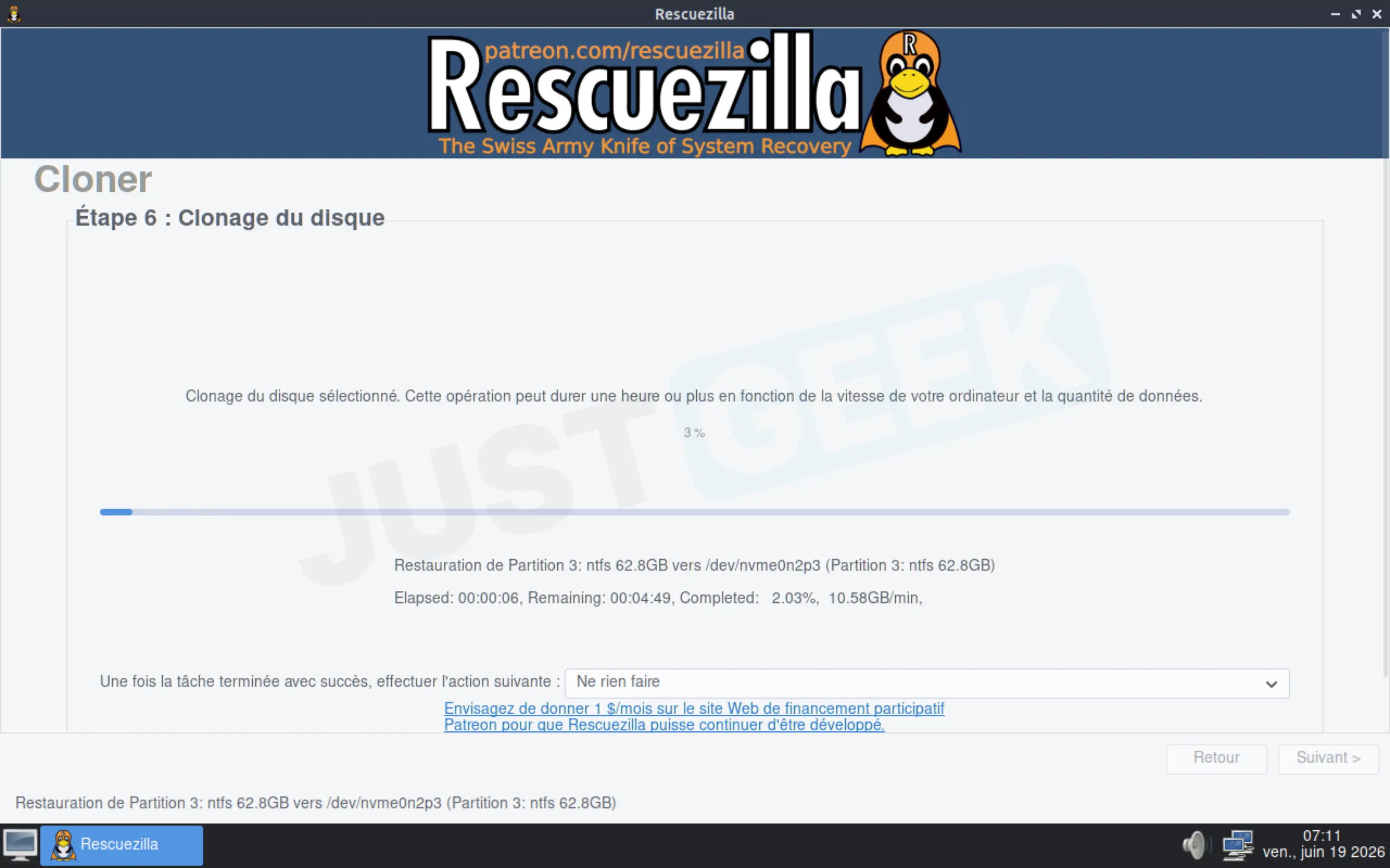 Progression du clonage d'un disque dur ou SSD avec Rescuezilla